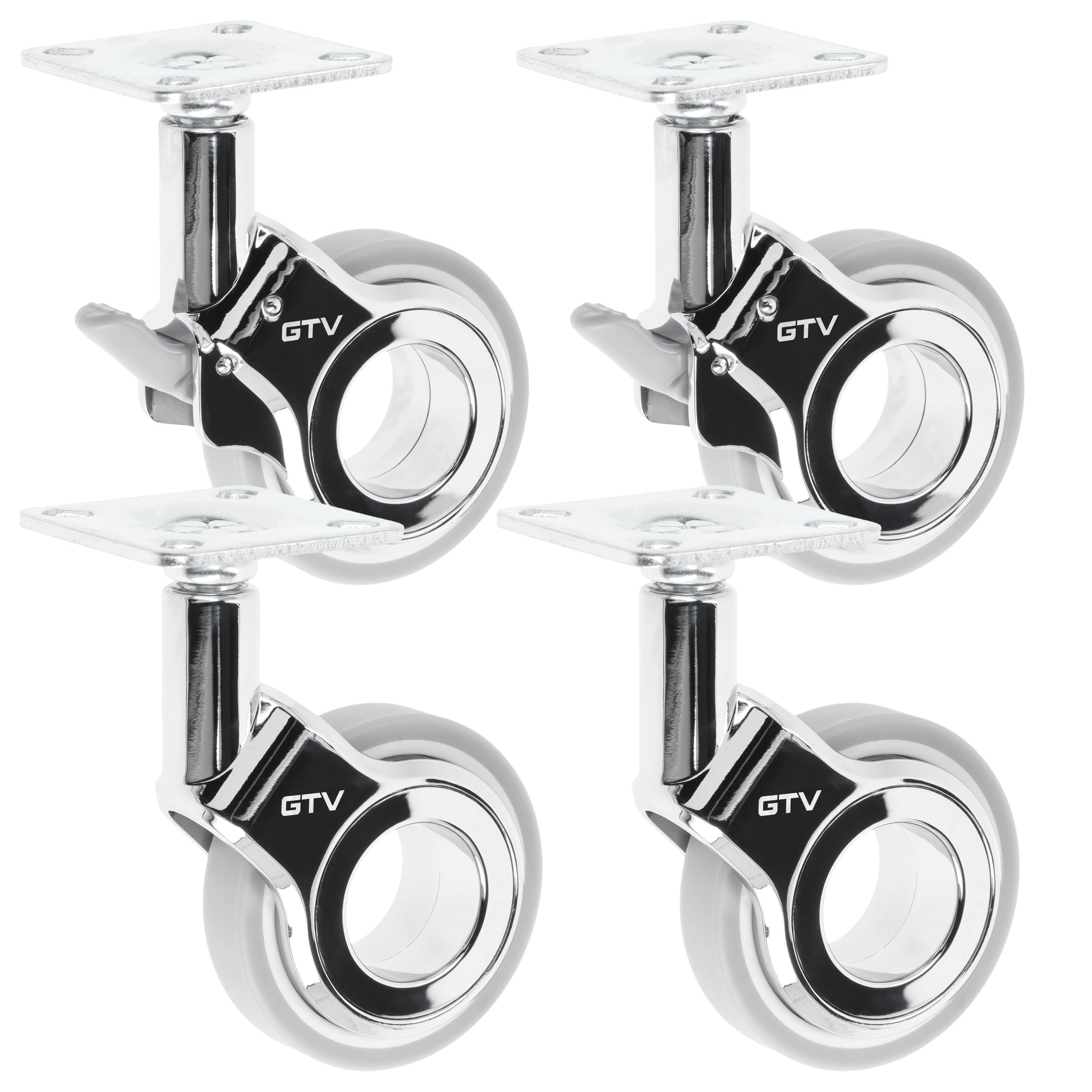 GTV – Rotelle per mobili GIRA, set di 2 ruote frenate + 2 ruote per mobili senza freno, cromato/grigio opaco, girevole a 360°, per scrivania, mensola, tavolino, sgabello, diametro 60 mm, altezza 94 mm