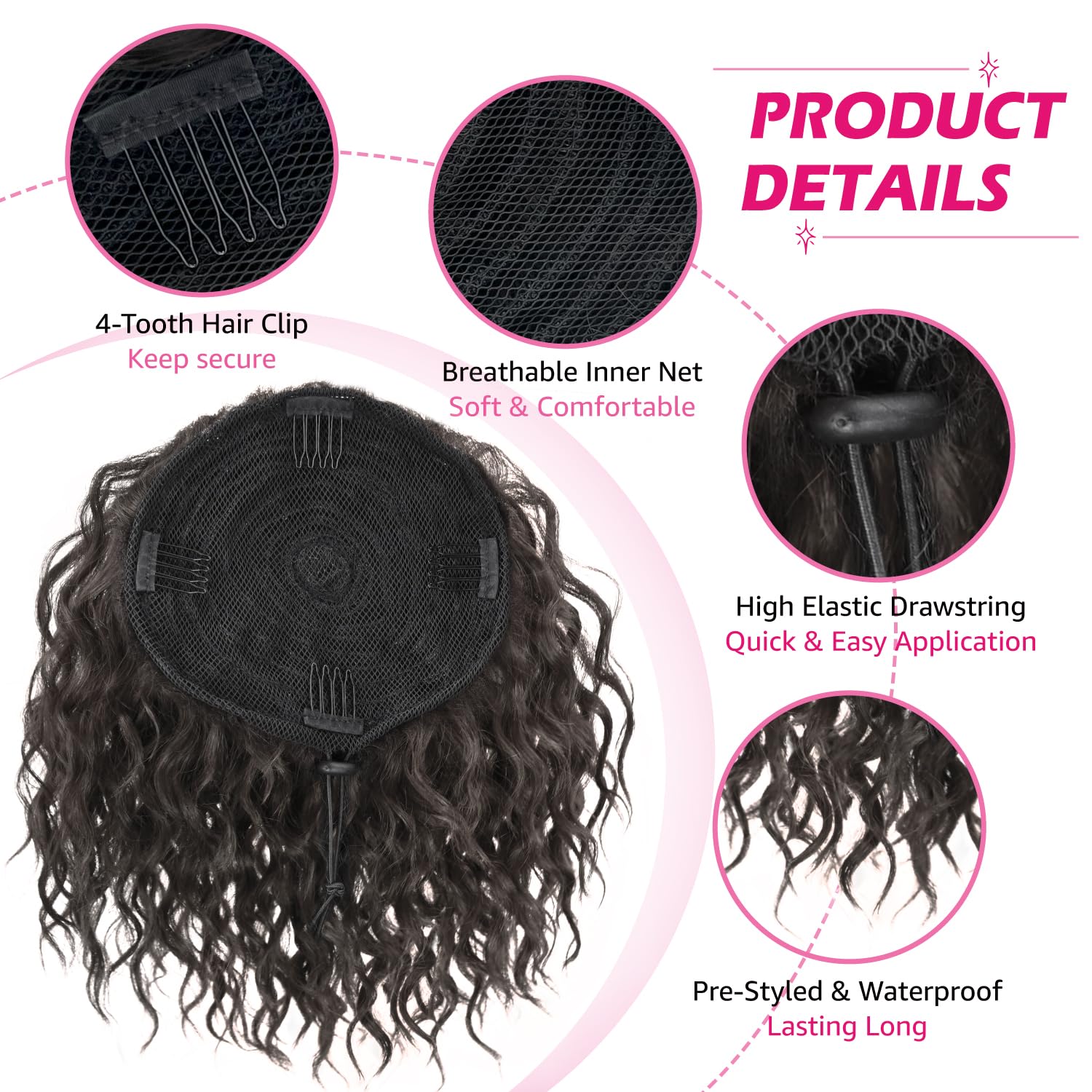 Messy Bun Hair Piece Elastic Drawstring 8in Black Brown Short Curly Style RUWISS Short Curly Drawstring Ponytail Extension in Black  main image 3