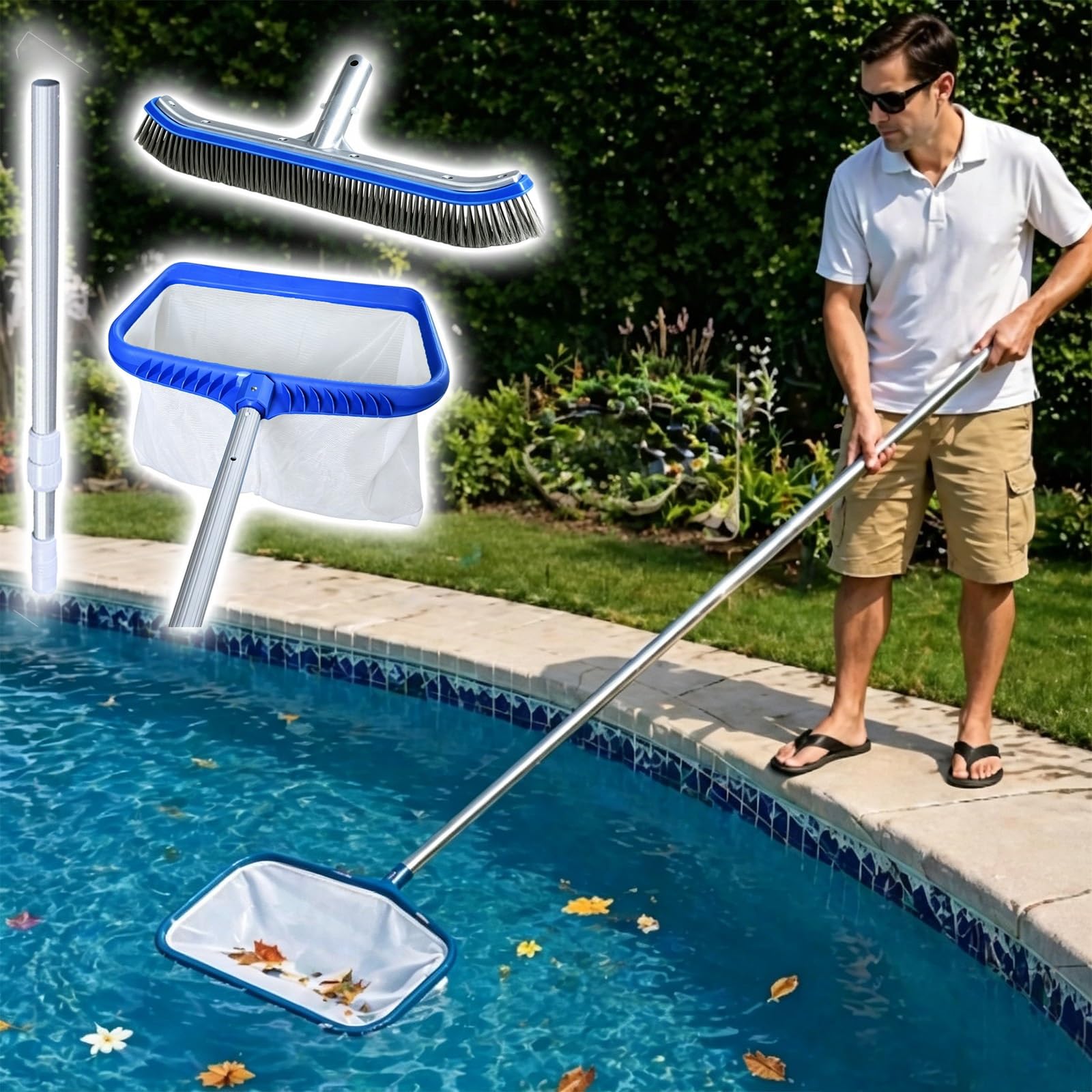 Lzmzmq One Color Hand Held Pool Cleaning Set With Telescopic Pole, Above Ground Pools Brush And Net Combo, Swimming Pool Maintenance Tools For Fall Leaves Cleanup(2.9M/114In)