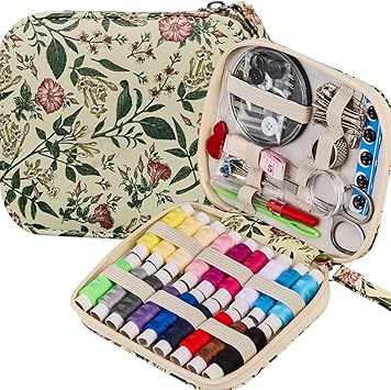 Arts Craft Printing Sewing Kit Floral Pattern Small Sewing Set,Professional Travel Sewing Kit with 18 Colors Sewing Thread, Basic Sewing Supplies Accessory for Emergency, Home Beginners