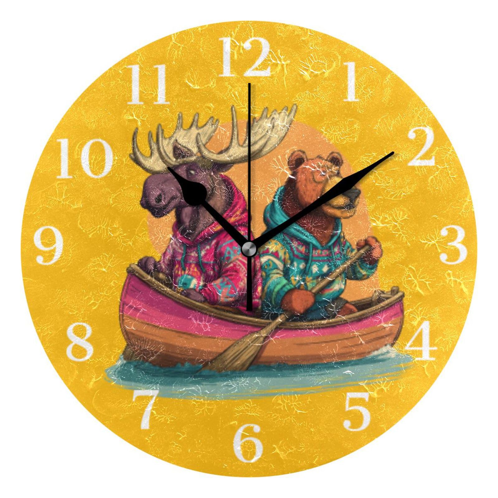Ensound Moose and Bear in Canoe Wall Clock Silent Non-Ticking Battery Operated Clocks 12 Inch for Kitchen Home Living Room Black