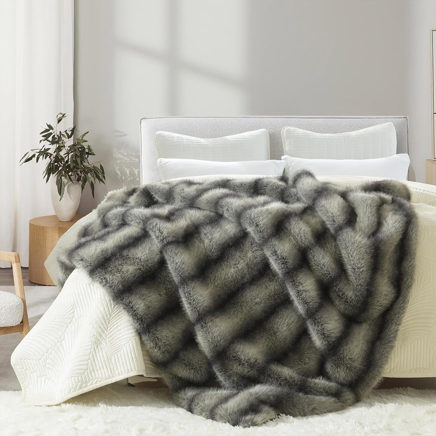 HORIMOTE HOME Luxury Faux Fur Throw Blanket, Non-Shedding 50"x60" Fur Blanket Throw, Ultra Soft Blankets for Bed, Couch and Sofa, Premium Soft, Thick Fluffy Throws, Grey Black Stripes - Image 6