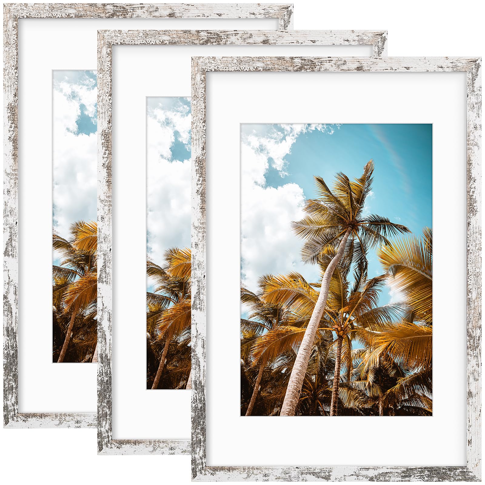 3 Pack 16x24 Distressed White Picture Frame with Real Glass Mat for 12x18