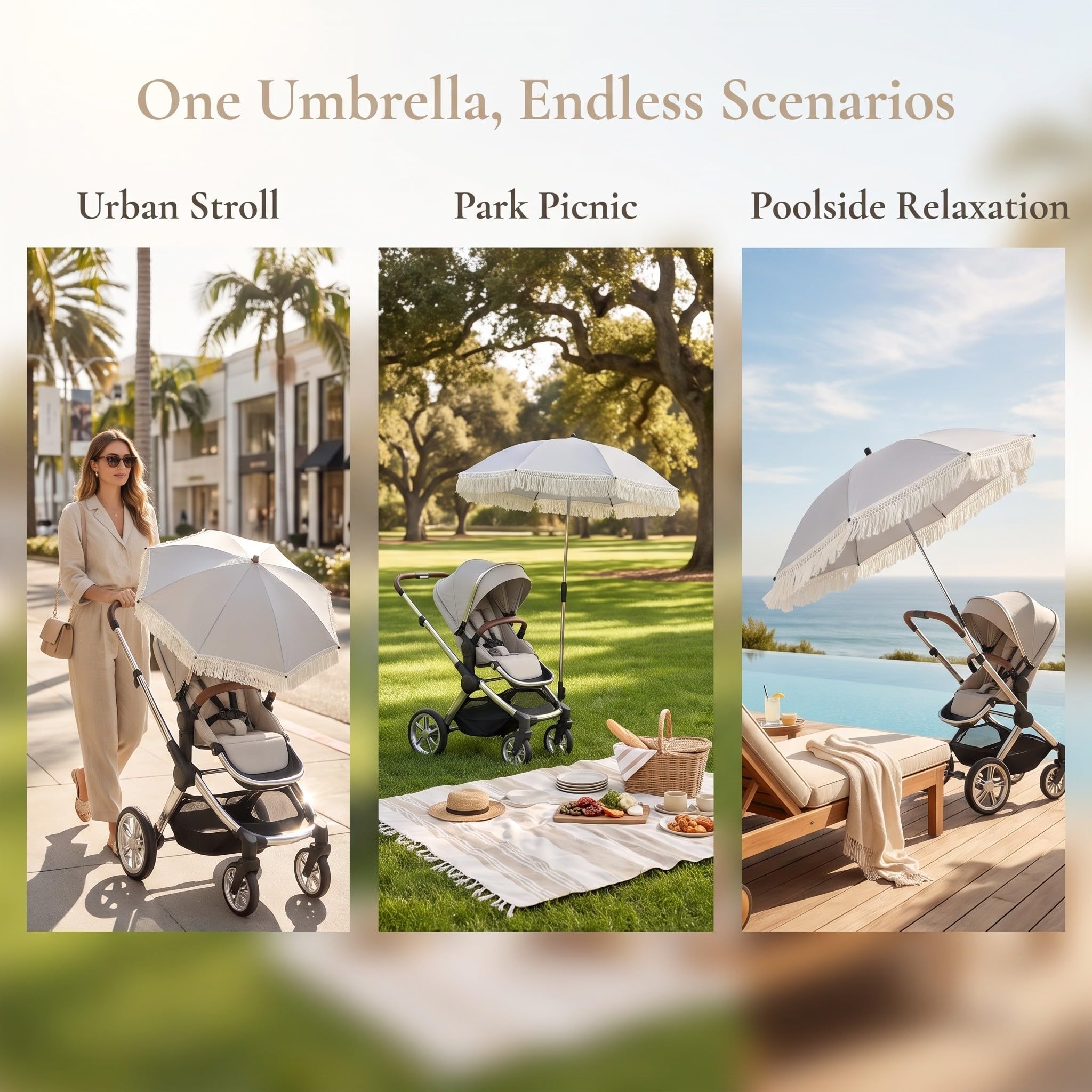 Lurrose Parasol plegable para cochecito de bebé con pinza, sombrilla UV con borlas para cochecito, carrito, viajes y sombra al aire libre, silla y accesorios de camping.