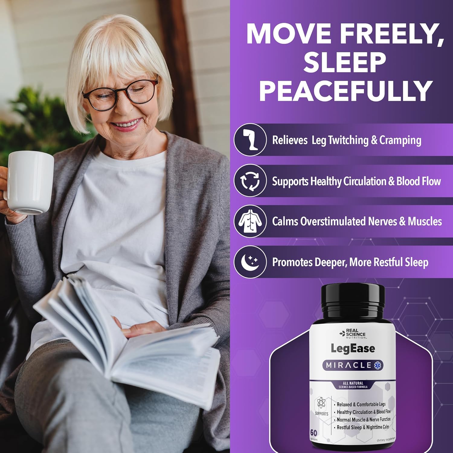 Real Science LegEase Miracle – All Natural Restless Legs Syndrome Relief & Leg Cramp Supplement with Vitamins C, D, K, B6, B12 + Nitric Oxide Support – Sleep & Circulation Aid – Made in USA, 60 Caps - Image 2