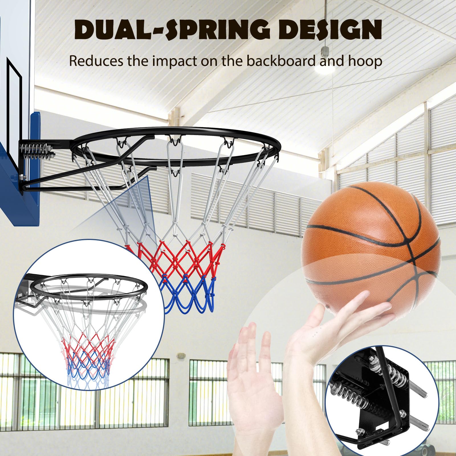 LIFEZEAL Canestro da basket da parete Ø 45 cm, solido anello da basket con supporto a parete e rete, pneumatici da basket in metallo per interni ed esterni