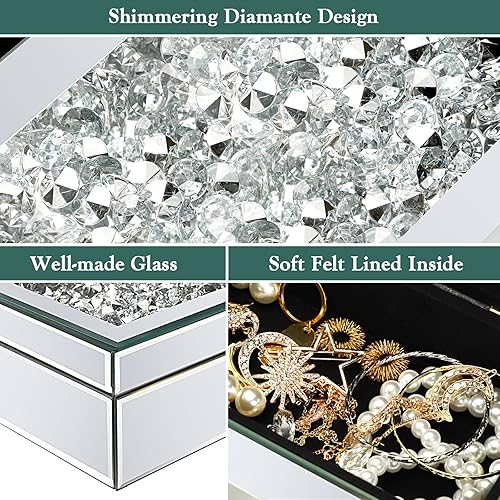 Miniatura 3 de Kenning Caja Organizadora de Joyas de Lujo con Espejo de Vidrio Triturado en Plata para Mujeres, Caja Organizadora de Anillos de Lujo