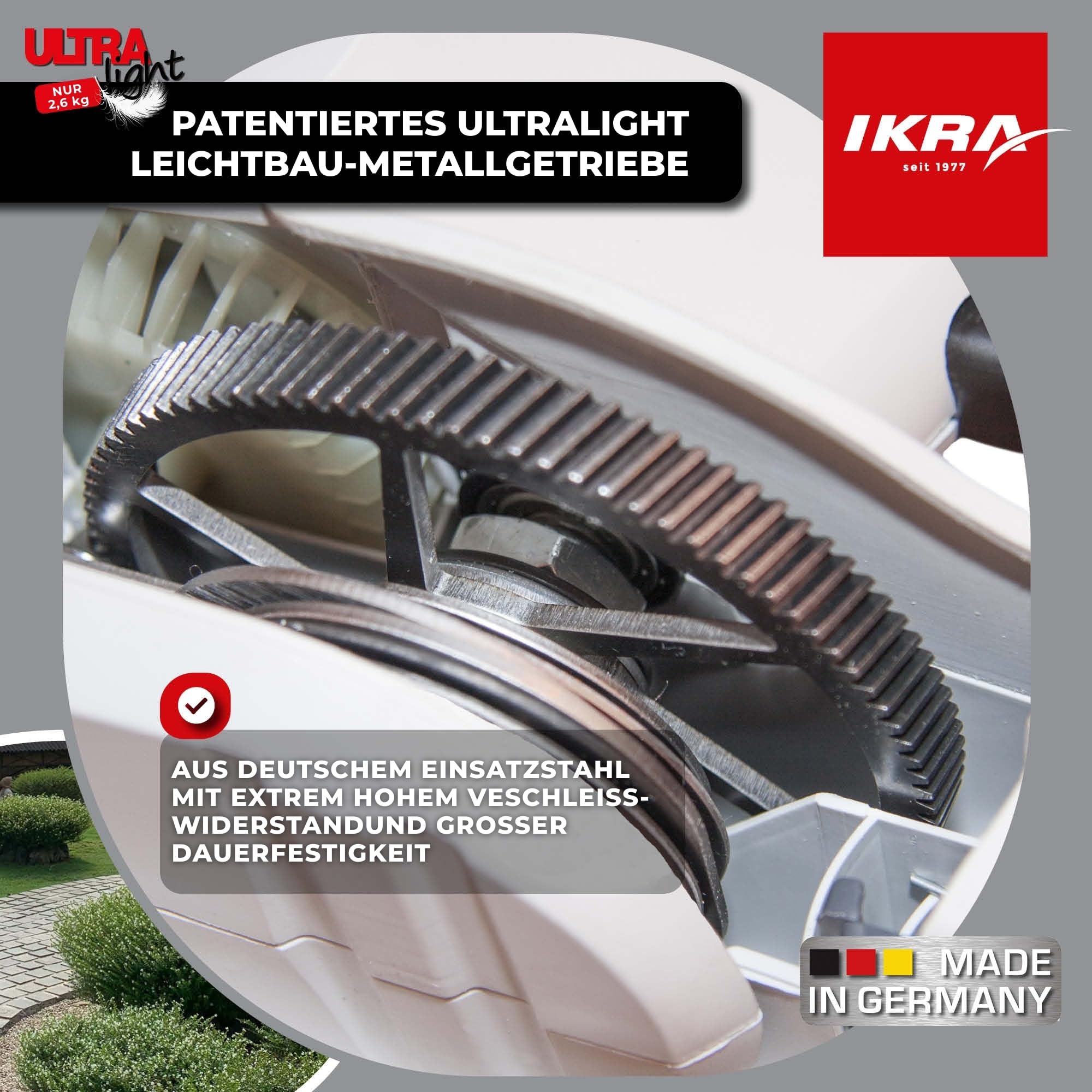 IKRA Elektro Heckenschere Ultralight FHS 1555, 550W, Made in Germany, 2,6kg | Schnittlänge 55cm, Überlastschutz & Blockierschutz, patentiertes Ultralight-Leichtbau-Getriebe, ergonomisches Design