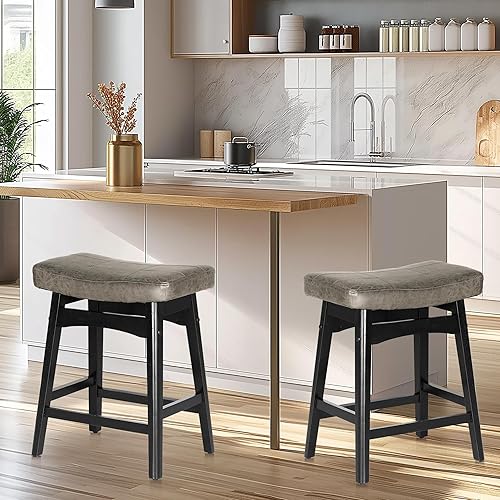 Miniatura 3 de Juego de 2 taburetes de bar de madera maciza gris para taburetes de bar de altura de encimera de cocina con asiento de silla de montar de piel