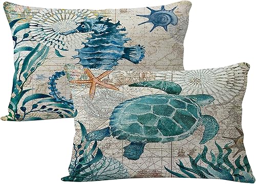 7COLORROOM Paquete de 2 fundas de almohada de playacostera, tortugas marinascaballo de mar, rectangulares, fundas de cojín de cintura, fundas de