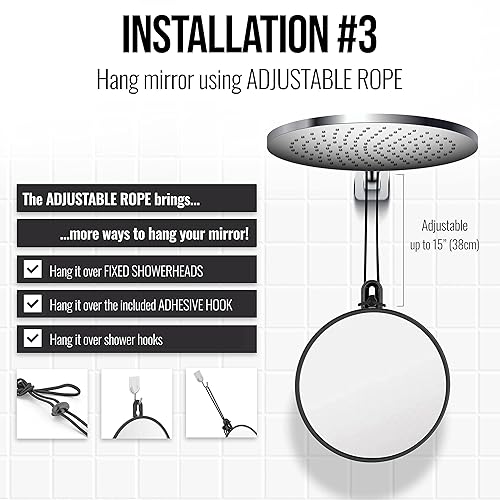 Miniatura 6 de MIRRORVANA Espejo de ducha pequeño para afeitarse con spray antivaho viene con ventosas gancho para colgar y cuerda ajustable de longitud superficie