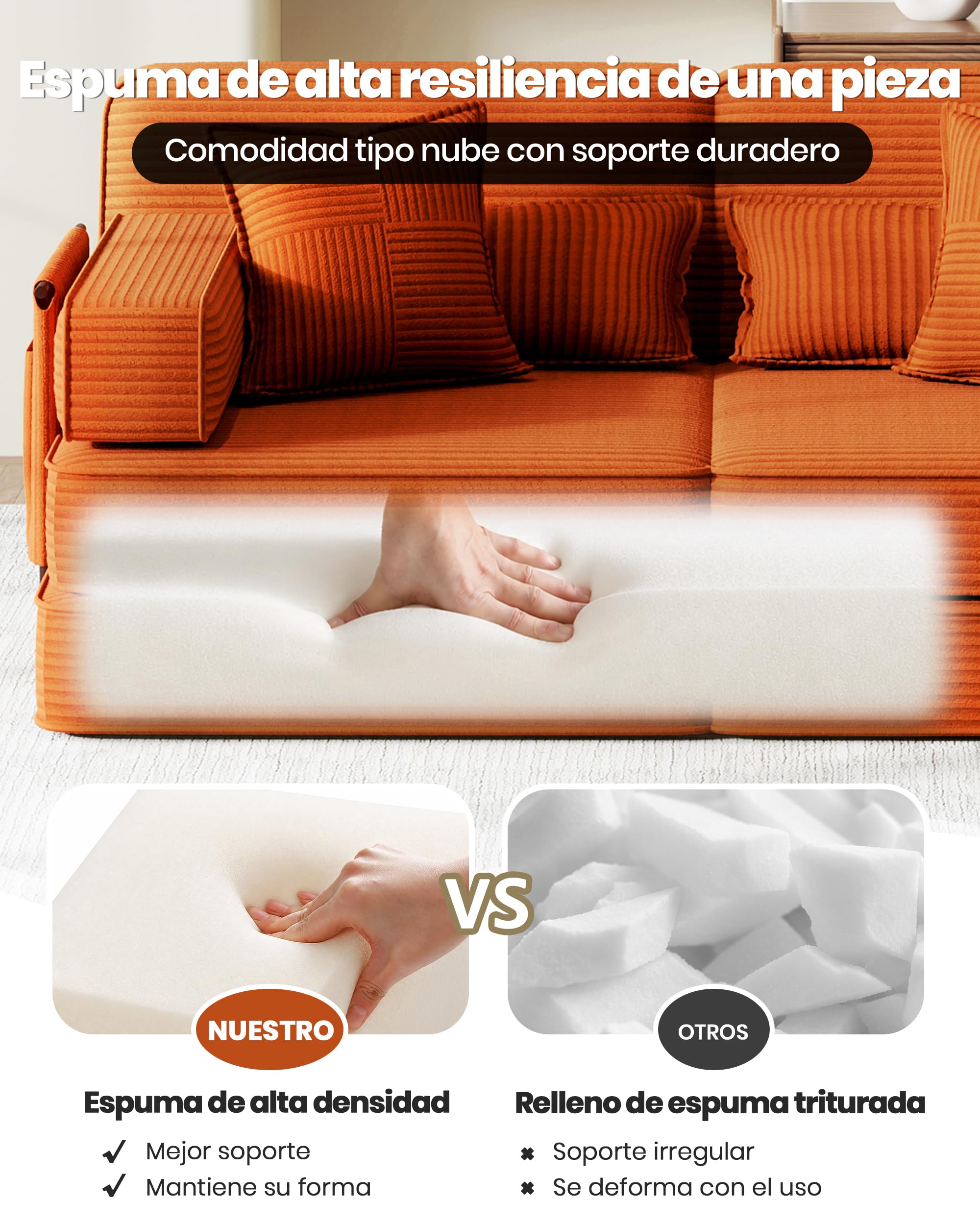 190cm Sofá Cama 2-3 Plazas con Espuma, Modular 5 en 1, Naranja | Versátil Sofá Cama de Pana con Asiento Profundo, Sofá de Suelo para Apartamento, Apto para Mascotas y Ergonómico