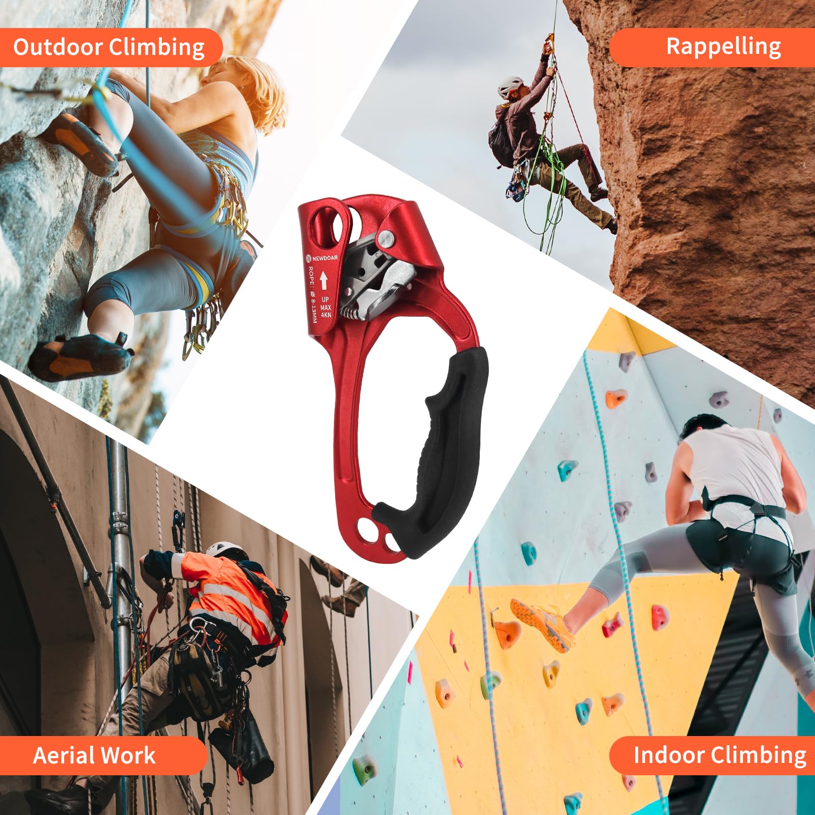 NewDoar UIAA & CE Certifié Main Ascendeur Bloqueur Poignée Ergonomique d'escalade Arbre Arboriste Rappel Gear Équipement Corde Pince pour 8~13 MM Corde
