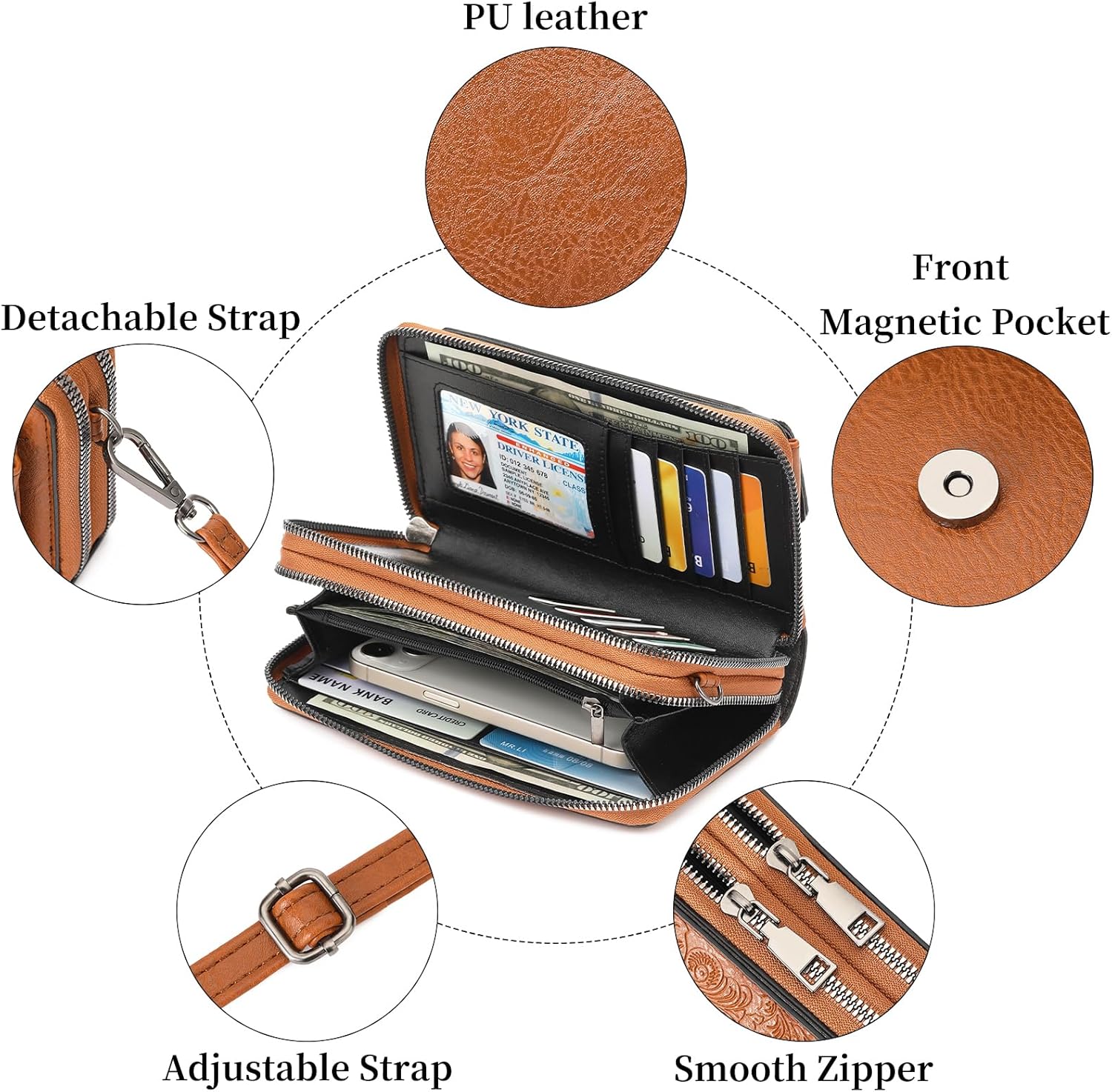 FALAN MULE Crossbody Bags for Women Small Leather Cell Phone Wallet Wristlet Purse with Zip Around 2 Strap - Image 5