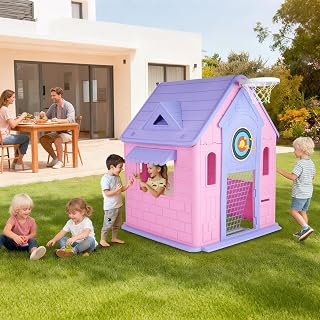 Garvee Kids Playhouse Cottage 4-in-1 Indoor Toy House Ages 3-8 | with Basketball Hoop, Magnetic Dartboard, Soccer Goal & Ring Toss Spacious Durable Plastic for Indoor/Outdoor