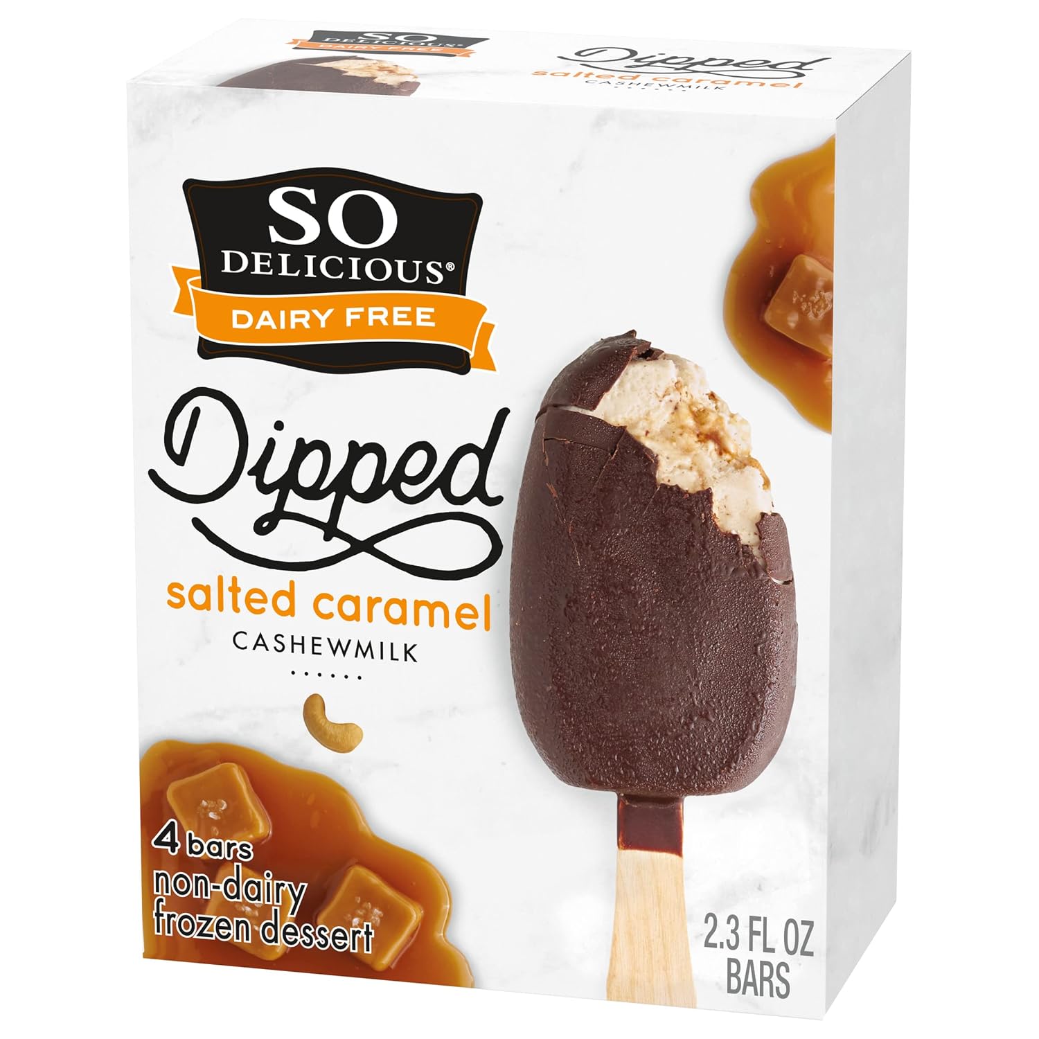 So Delicious Dairy Free Cashew Milk Dipped Frozen Dessert Bar, Salted Caramel, Vegan, Non-GMO Project Verified, 4 Pack