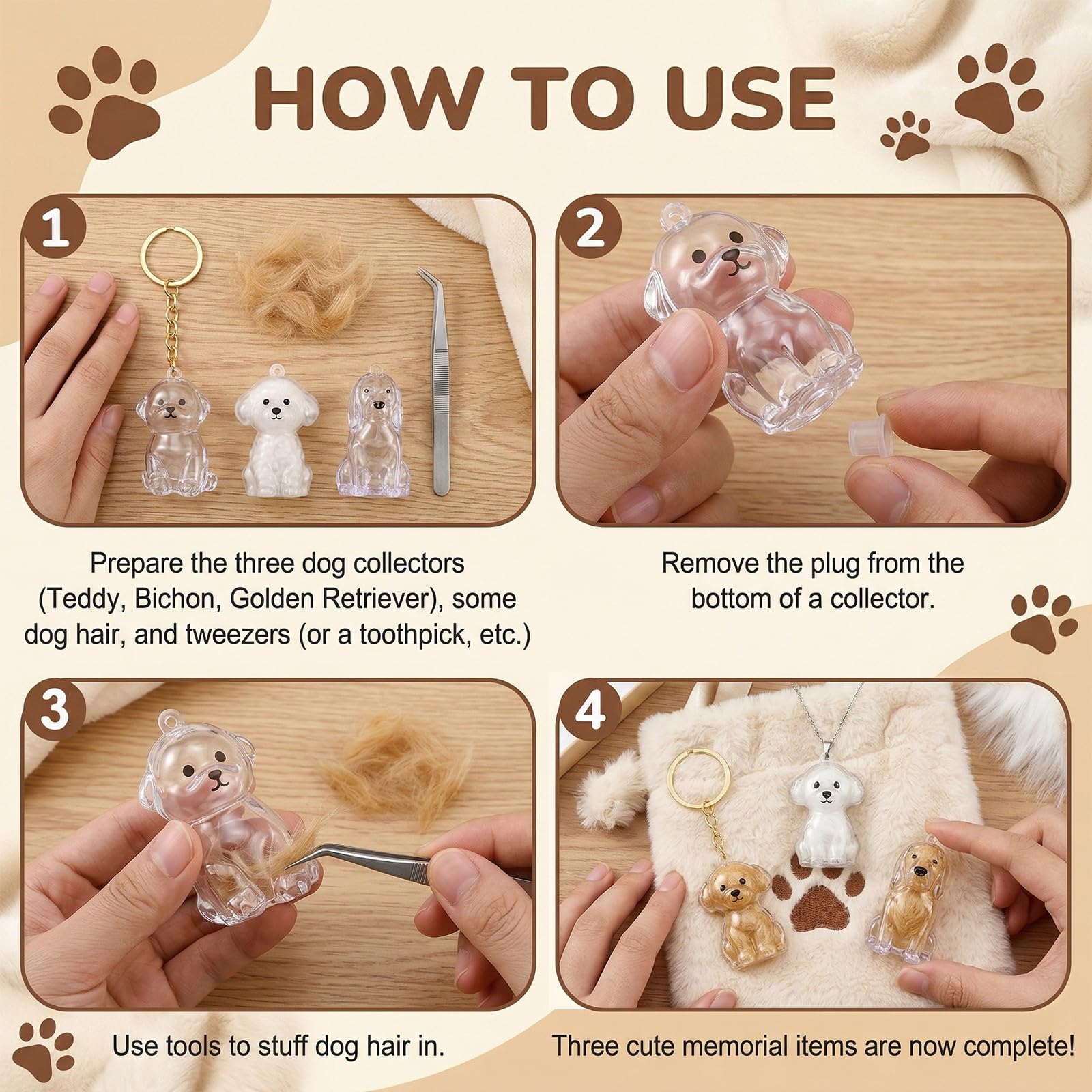 Set di 3 Ciondoli Porta Pelo Cane Ricordo, Mini Contenitore Commemorativo per Peli Animali (Teddy, Bichon e Golden Retriever), Souvenir Portatile in Plastica per Amanti dei Cani