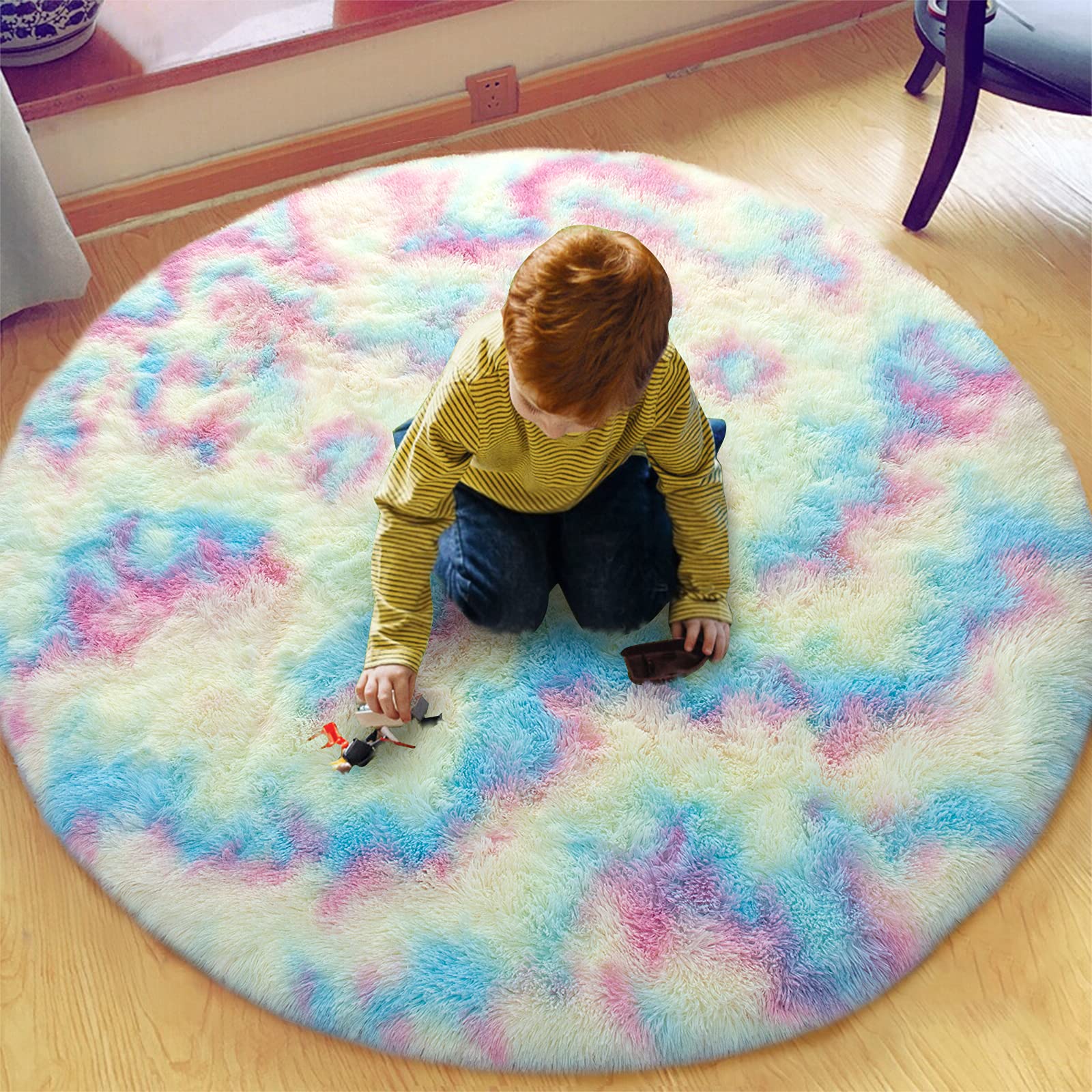 ST. BRIDGE Soft Round Rainbow Rug for Girls Room, Fluffy Circle Rug for