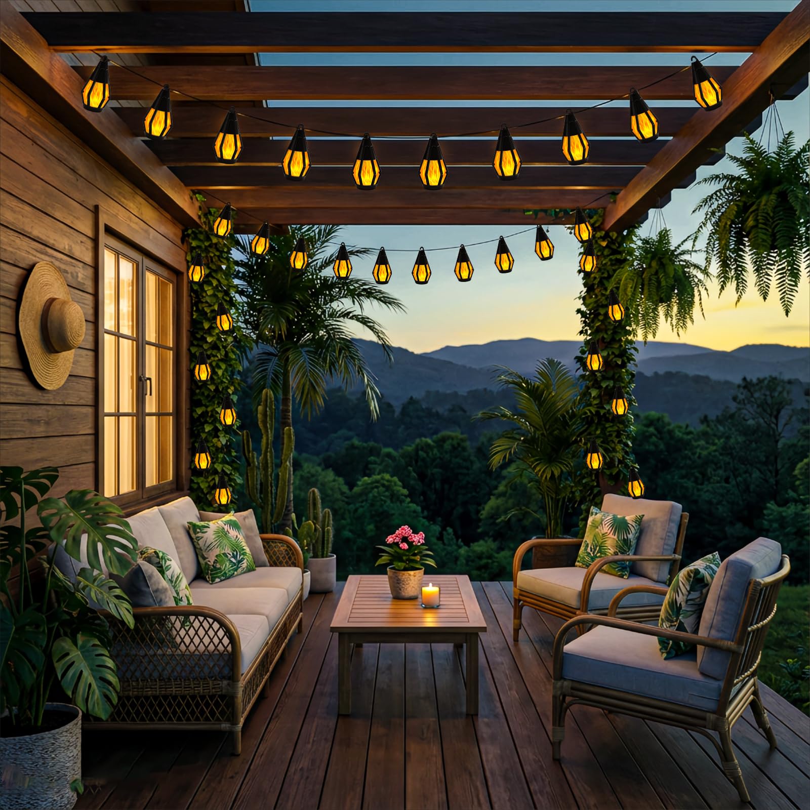 Solar-Lichterkette für den Außenbereich, 15 LEDs, warmweiße Flamme, 15 m | Wasserdichte Solar-Lichterkette für den Außenbereich, Baum, Halloween, Terrasse, Garten, Veranda, Party-Dekorationen