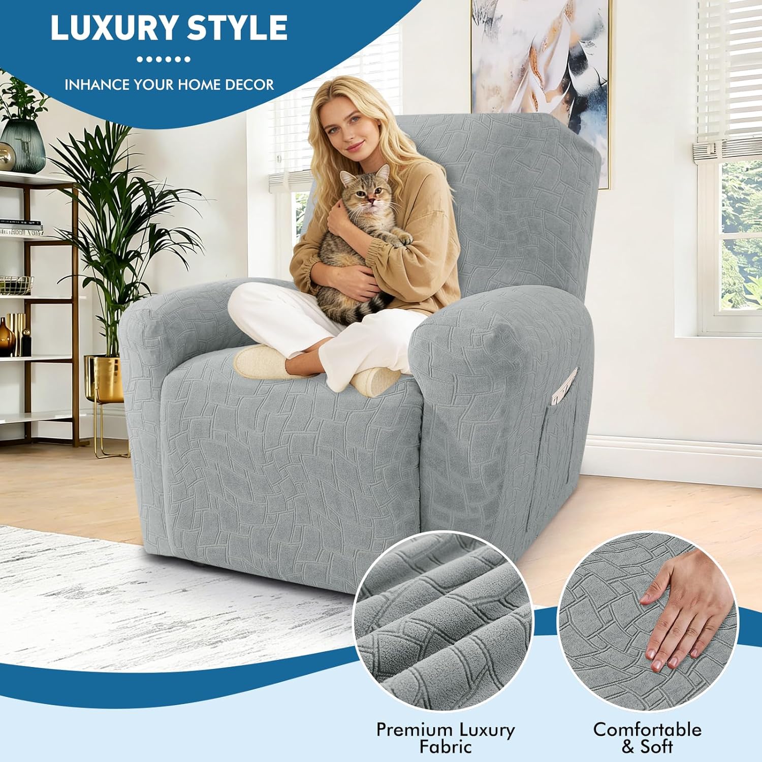MAXIJIN Waterproof Recliner Cover Washable 3 Pieces Recliner Chair Covers with Elastic Bottom Non Slip Cover for Lazy Boy Reclining Chair Furniture Protector for Dogs Cats, Light Gray