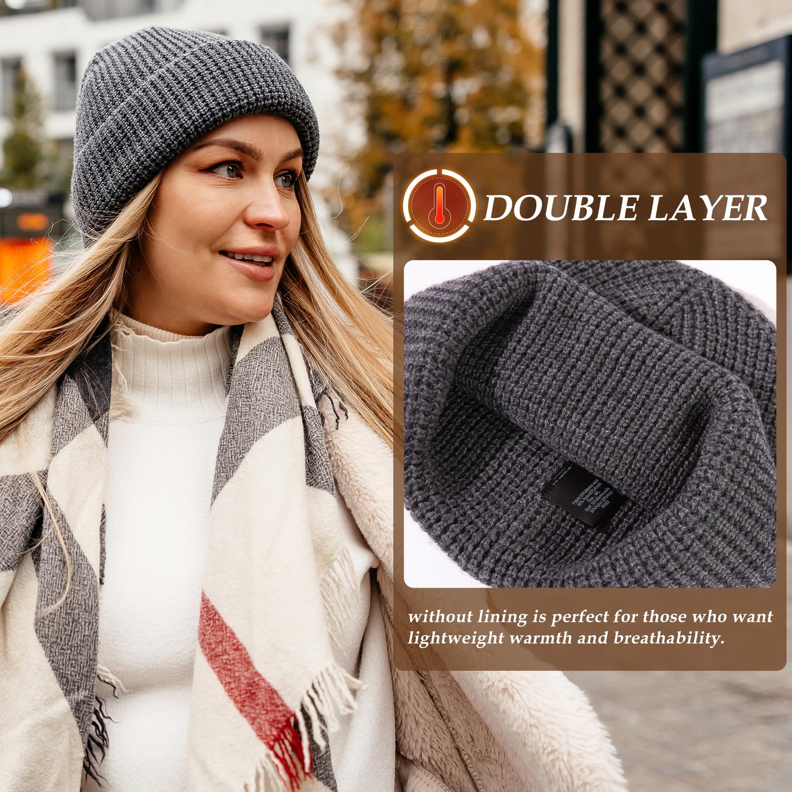 Bonnet gaufré en laine mérinos mélangée L/XL/XXL - Bonnet chaud sans doublure pour temps froid d'hiver