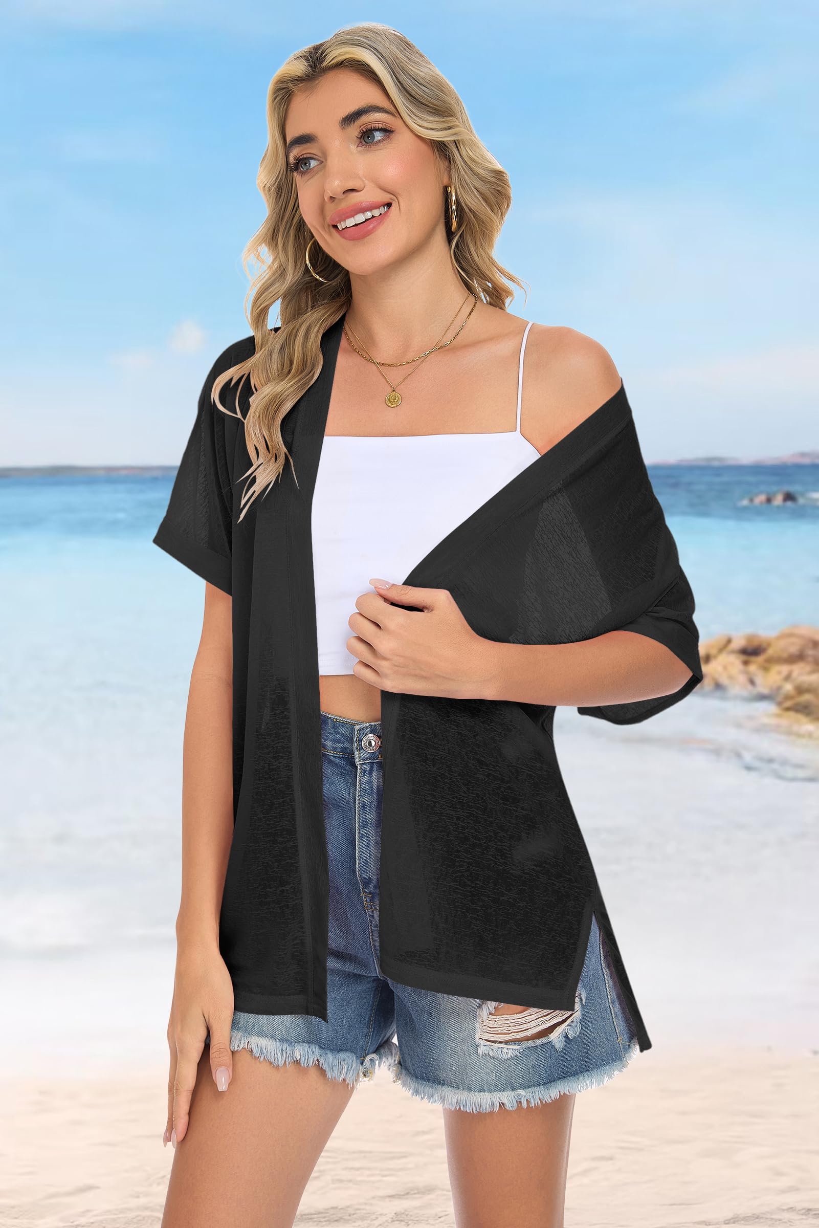 AUSELILY Damen Sommercardigan Strickjacken Strand Kurzarm Leicht Atmungsaktiv Überwurf Weich Offene Front Cardigans