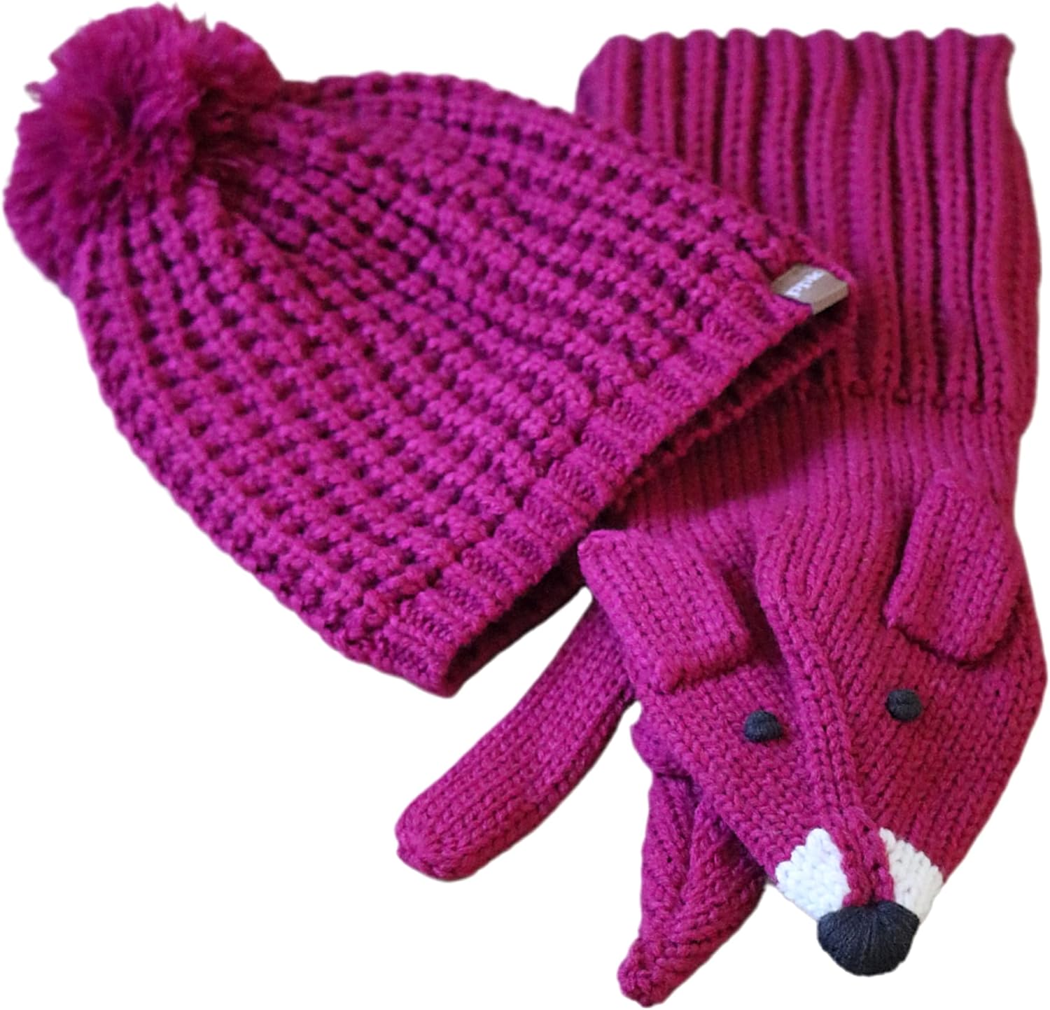 Girls Unique Winter Knit Beanie/Scarf 2-pc Set - Fox/Plum (Age 5 to 12 Y)