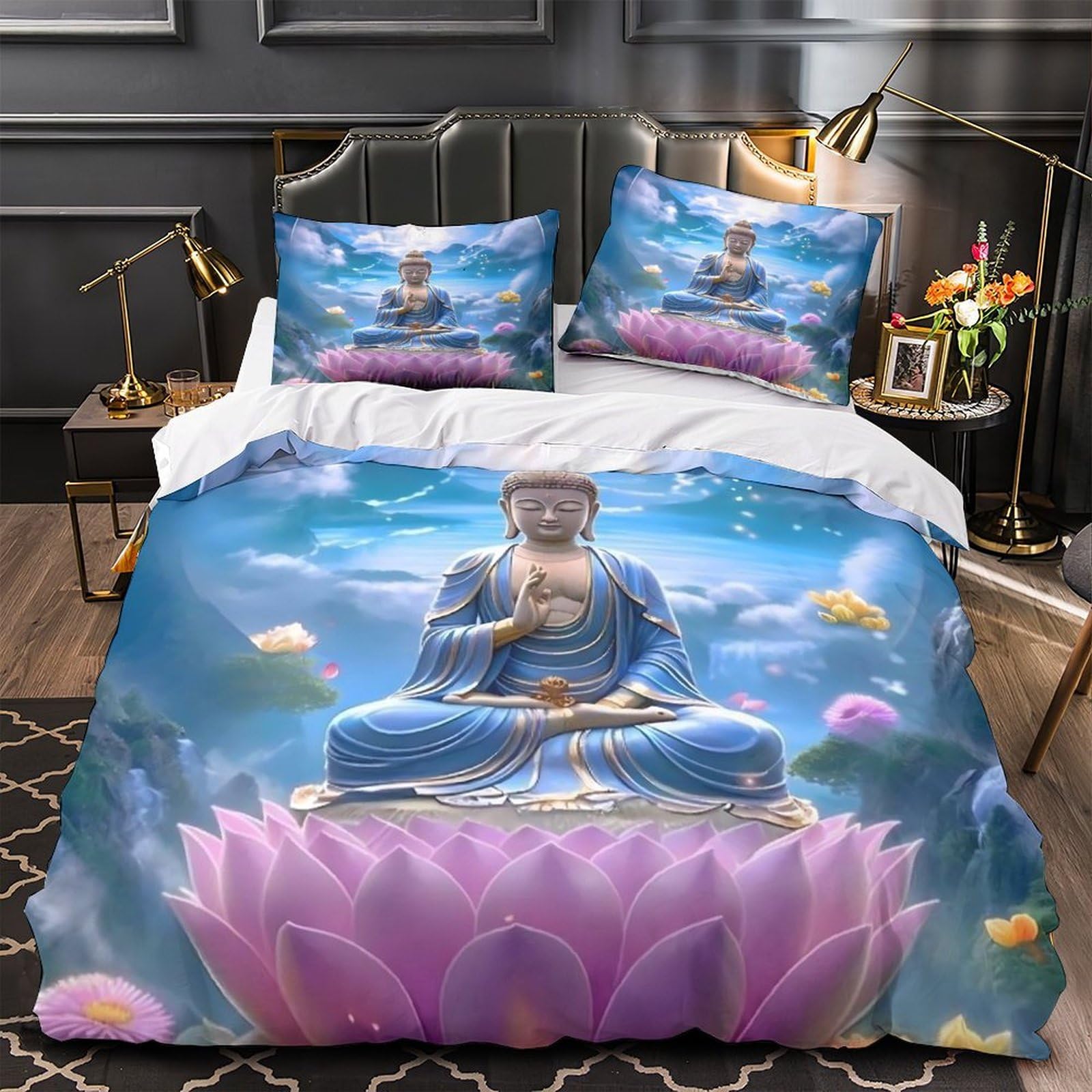 Parure de lit Bouddha 3D housse de couette microfibre 135x200 taie d'oreiller enfant single