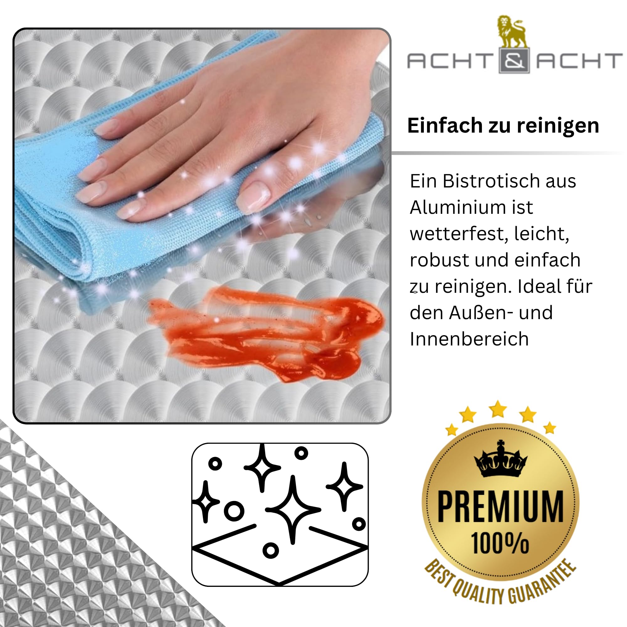 Hochwertiger Bistrotisch aus Aluminium, Runder Aluminiumtisch Wetterfest für Garten, Balkon und Terrassen – Ø 80cm x H72cm / Pflegeleichter Gartentisch mit Standfüßen – Silber glänzend Tischplatte
