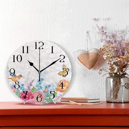 Miniatura 2 de Hummingbird - Reloj de pared con diseño floral de mariposa y rosa, 9.5 pulgadas, sin tictac, reloj de baño redondo, funciona con pilas, reloj de