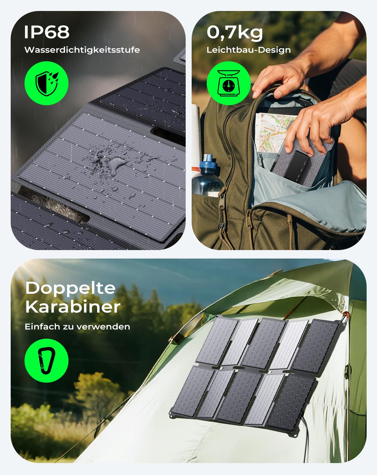 BigBlue Tragbarer 35W Tragbar Solar Ladegerät mit Schnellladung USB-A und PD 25W USB-C für Camping und Trekking, 0,7kg, IP68-Wasserdicht, Klappbares Solar-Ladegerät für iPhone/Android, iPad, Powerbank