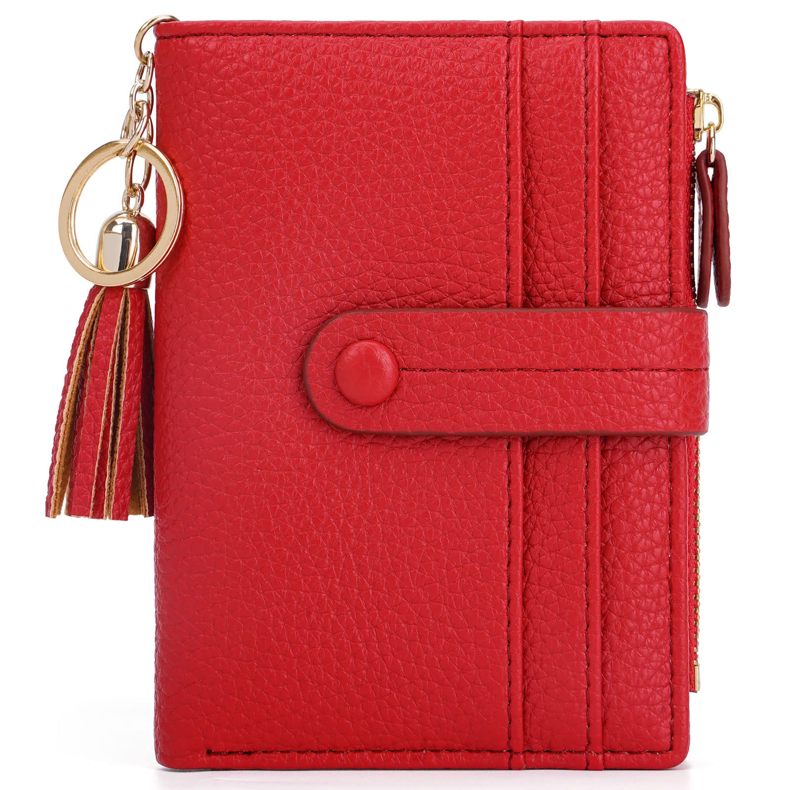 HKCLUF Portafoglio Piccolo da Donna, Porta Carte Blocco RFID Portamonete Pelle con Nappa Portafogli Cerniera Molti Scomparti(B08-Rosso)