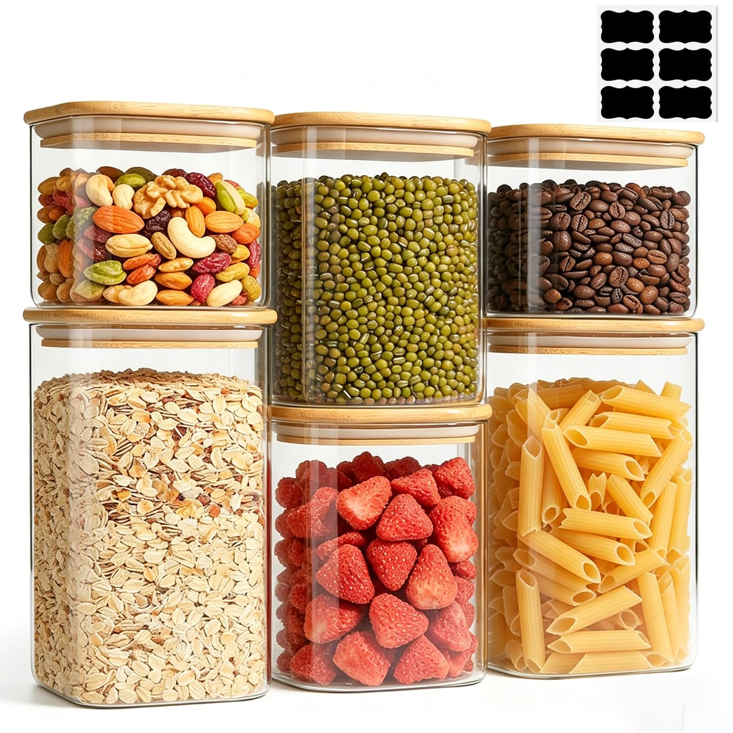 ComSaf 6-Pack Rectangular Glass Storage Jars with Bamboo Lids, Borosilicate Canisters Set 700ml 1.1L 1.5L for Space-Saving Pantry Organisation, Dry Food, Coffee, Tea, Sugar, Pasta, Cereal, Flour