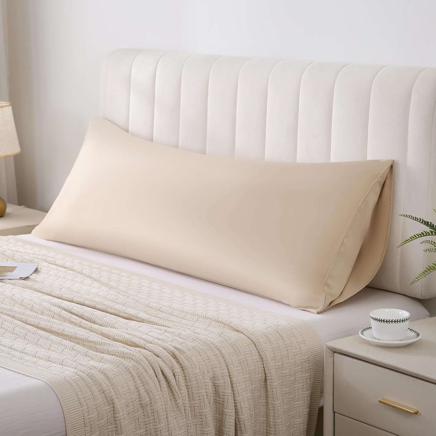 Leeden 100% Cotton Body Pillow Cover, 800 Thread Count 21x54 Soft Breathable Long Body Pillow Pillowcase for Adults Pregnant Women, Envelope Closure, Beige - Image 2