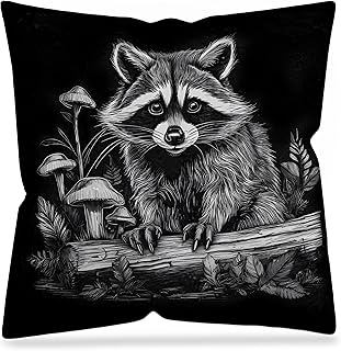 Black and White Raccoon Pillow Covers 18x18 Double-Sided, Raccoon Lovers Gifts, Witchy Mystical Mushroom Wildlife Animals Decorative Pillow Covers for Home Bedroom Living Room