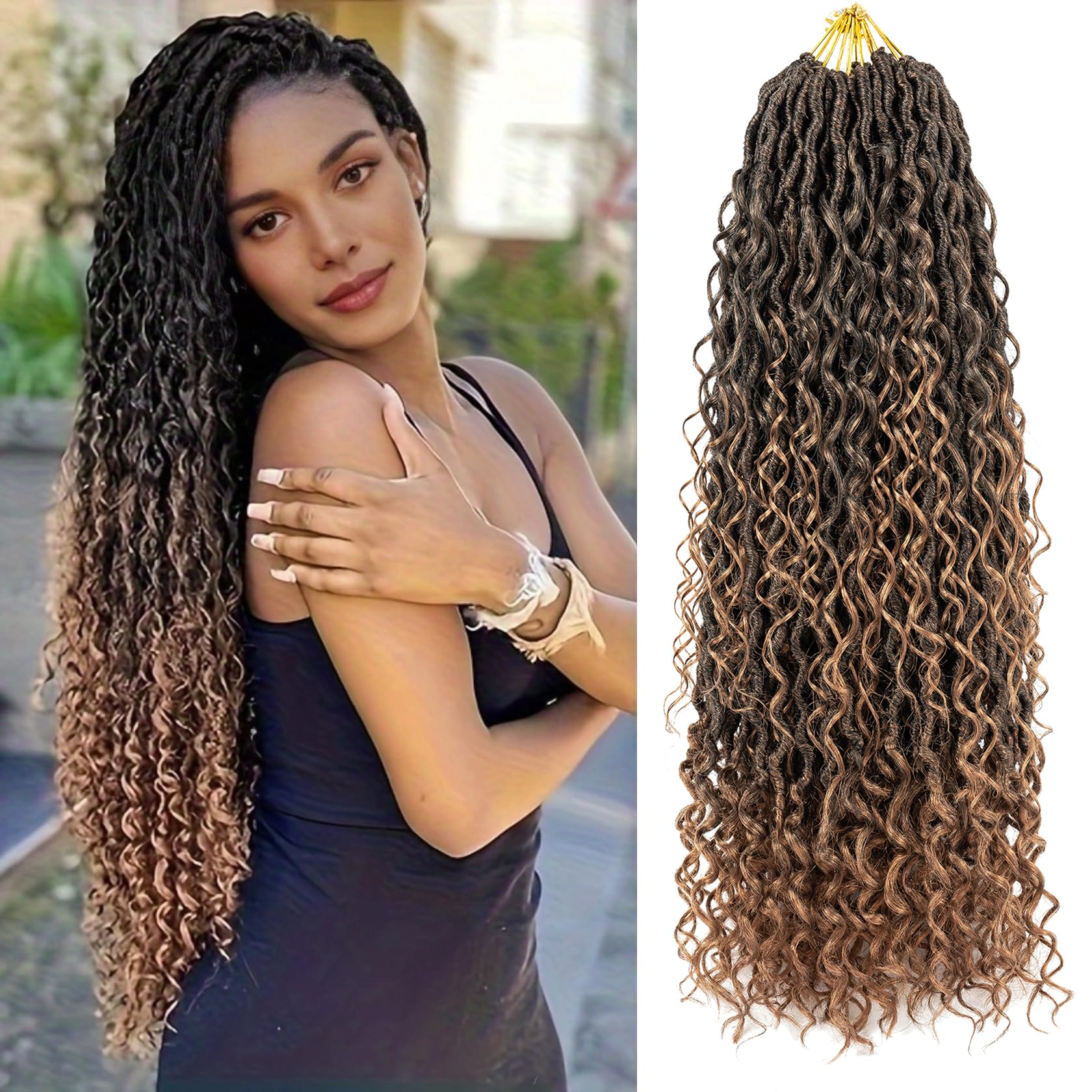 Aipin Long New Goddess Locs Crochet Hair 22 Inch Boho River Locs Hippie Locs Wavy Crochet With Curly Hair In Middle And Ends Braids Hair Extensions (8Packs,22 inch, T30)