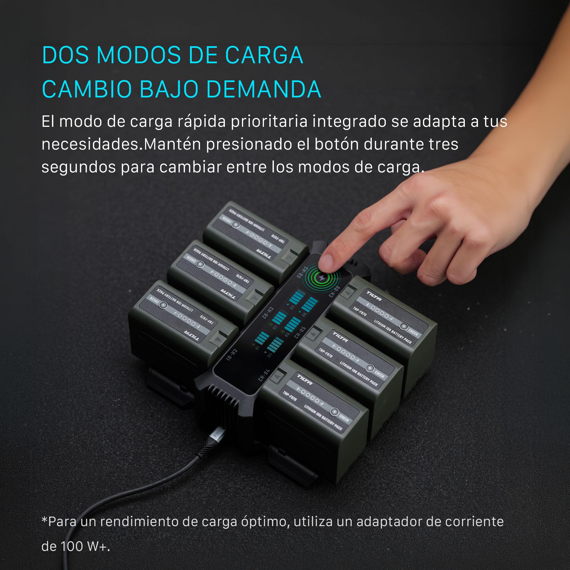Tilta Cargador de batería NP-F, Compatible con Sony NP‑F970/F750/F570/F550 | Carga rápida 100W PD/QC,6 ranuras cargan 6 baterías,Refrigeración ventilador regula temp.