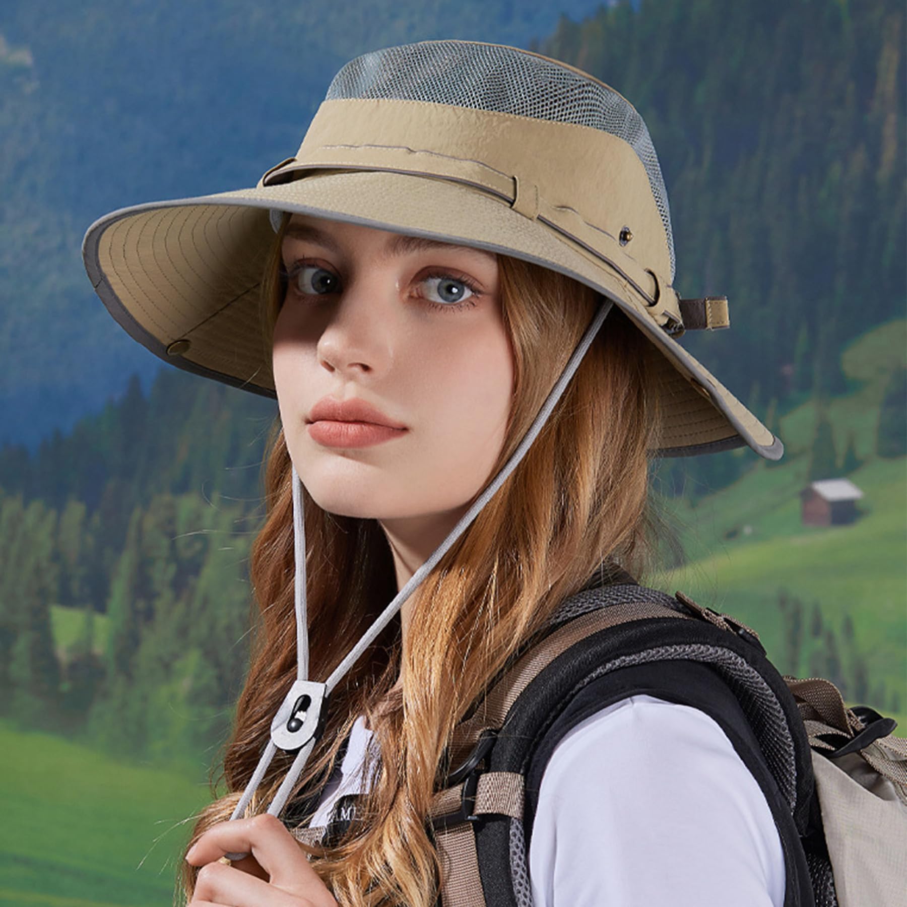 Feng Shui， Sombrero de Sol de ala Ancha para Mujer – Protección UV al Aire Libre Pesca Senderismo – Sombrero de Cubo Transpirable Impermeable de Secado rápido para Viajes de Verano