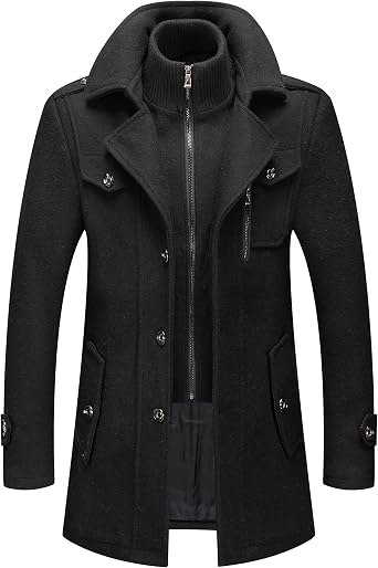 PRIJOUHE Mens Wool Blend Jacket Single Breasted Slim Fit Thick Winter Windproof Pea Coat with Removable Scarf