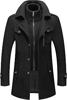 Men's Wool Blend Jacket Single Breasted Slim Fit Thick Winter Windproof Pea Coat with Removable Scarf