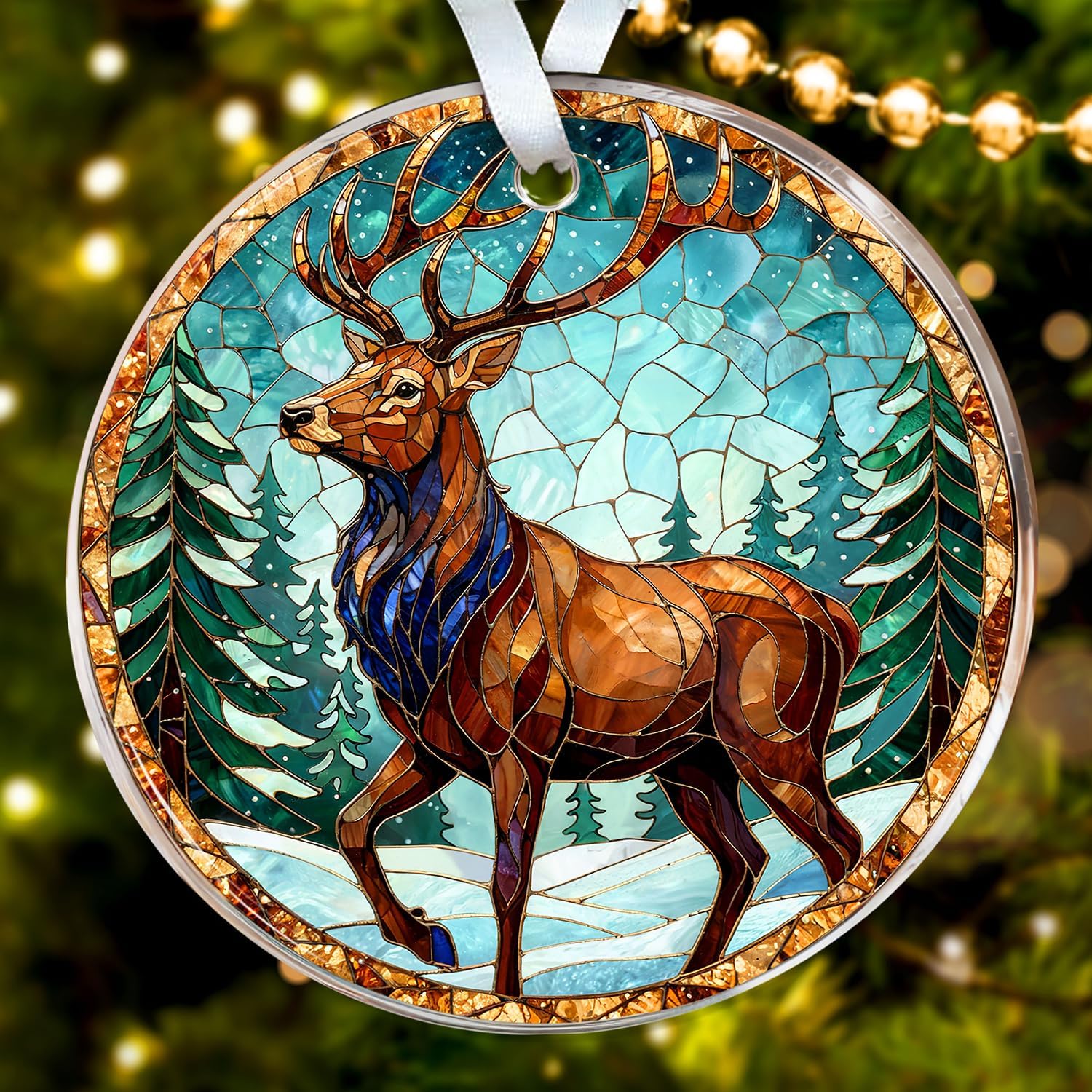 Adorno de ciervo de vidrieras  Elegante decoración de árbol de Navidad de reno con escena del bosque, vida silvestre para amantes de la naturaleza o