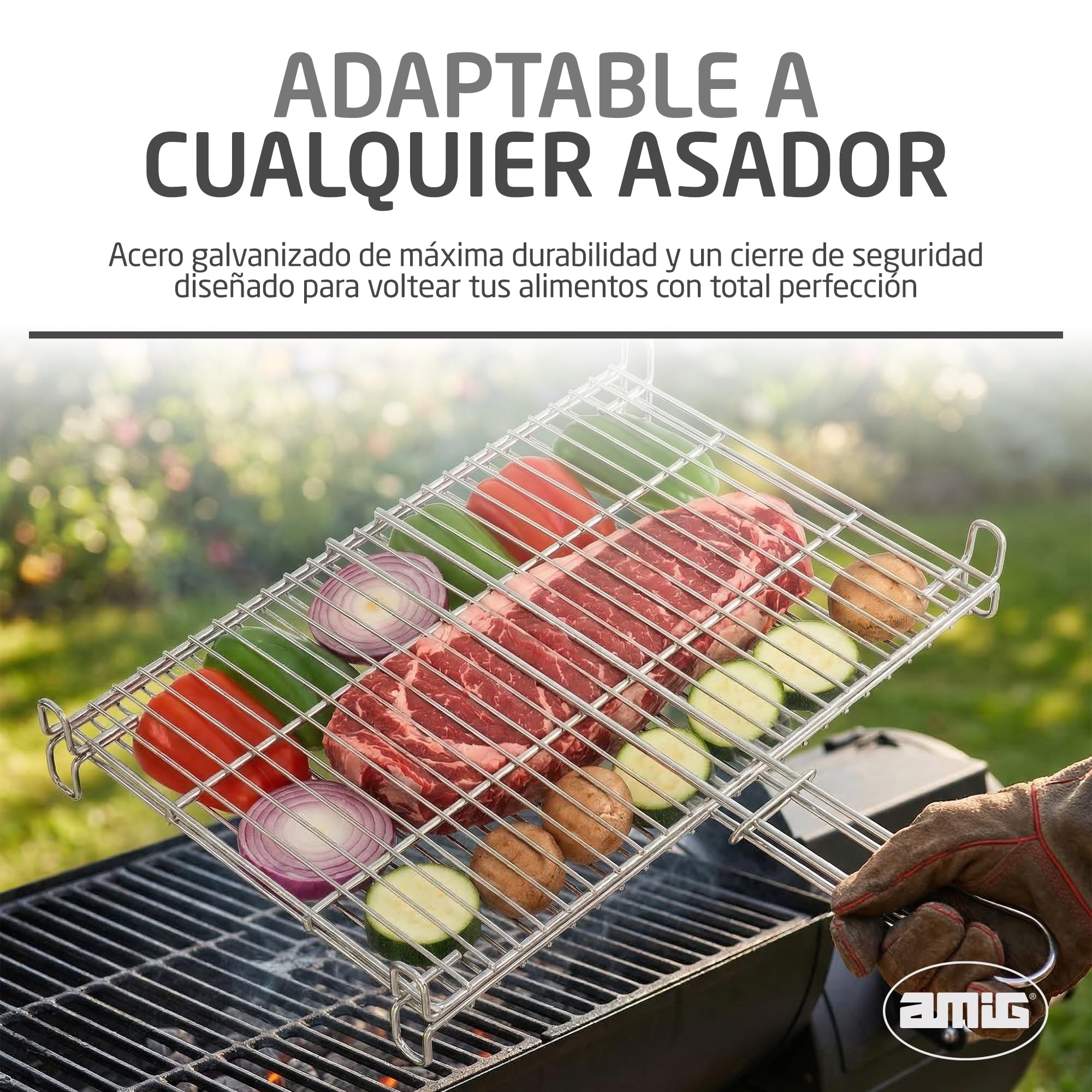 Amig - Parrilla para Barbacoa - 65 x 40 cm - Fabricado en Acero Resistente a la Corrosión - Volteo Uniforme Ideal para Asar Carnes y Verduras - Mod. AM26