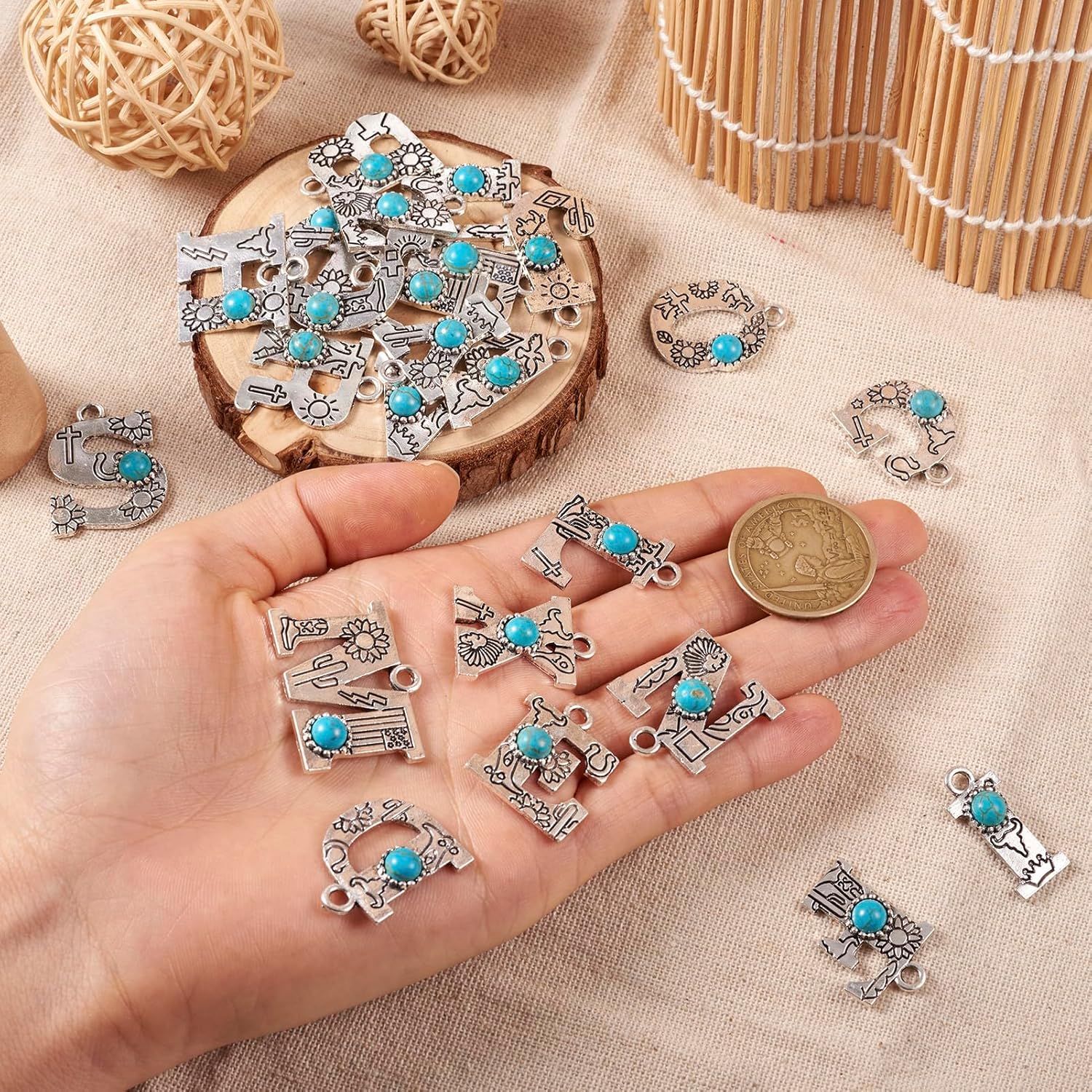 Pandahall 26Pcs Alloy Letter Charms Turquoise Stone A-Z Alphabet Pendants Vintage Style Western Charms for Jewelry Craft Making - Image 6