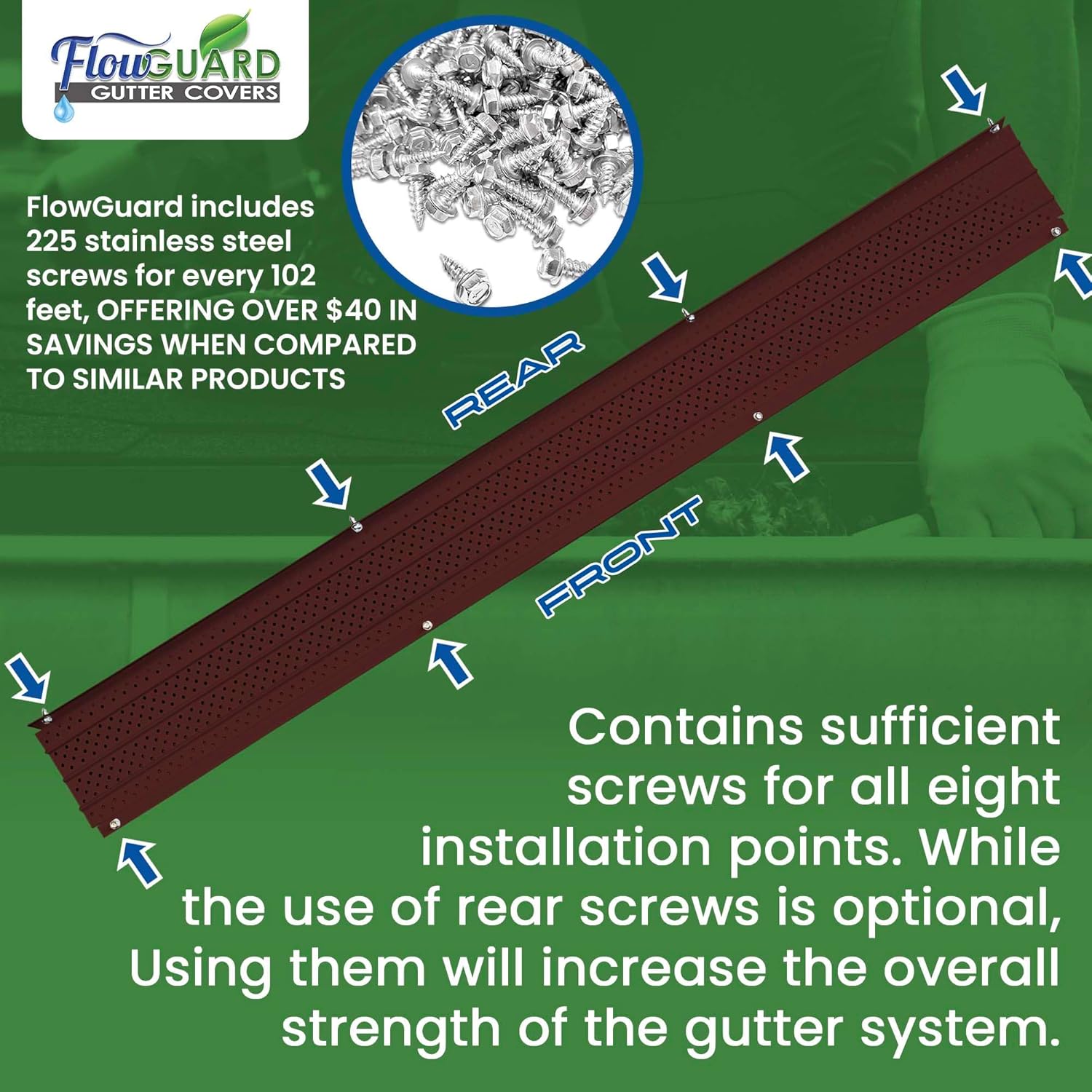 FlowGuard Gutter Guard, USA Made Professional DIY 5 Inch 50-Year Gutter Cover Leaf Protection System - Brown - Aluminum - 102 Feet - by FlexxPoint 102' Brown