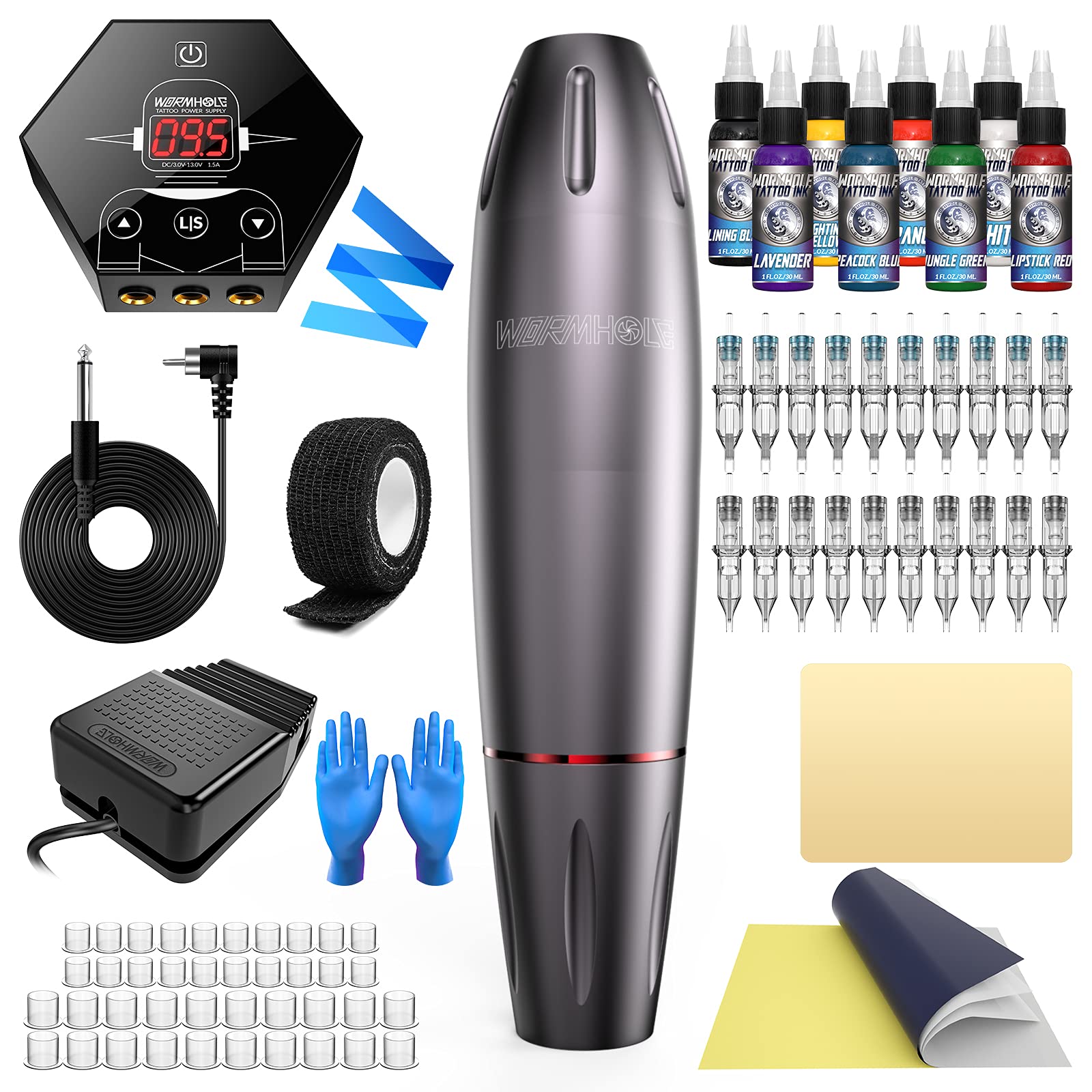 Wormhole Tattoo Kit Tattoo Pen Kit for Beginners with Tattoo Power Supply 20 Tattoo Cartridge Needles 40 Tattoo Inks Cups 8 Color Inks Complete Tattoo Kit WTK081