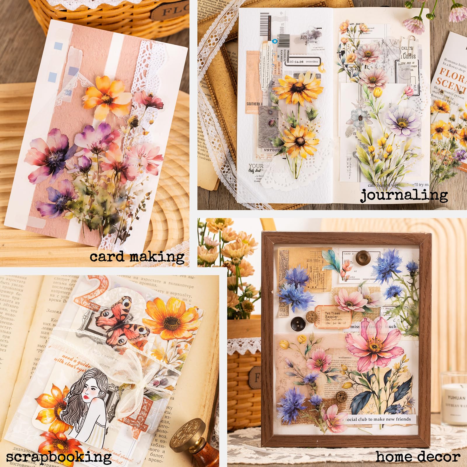 Knaid 120-teiliges Aquarell-Blumenaufkleber-Set – groß, 11,9 cm, wasserdicht, transparent, botanische Blumen, Journaling-Aufkleber für Sammelalben, Junk-Tagebuch, Zubehör, Bullet Journals, Planer,