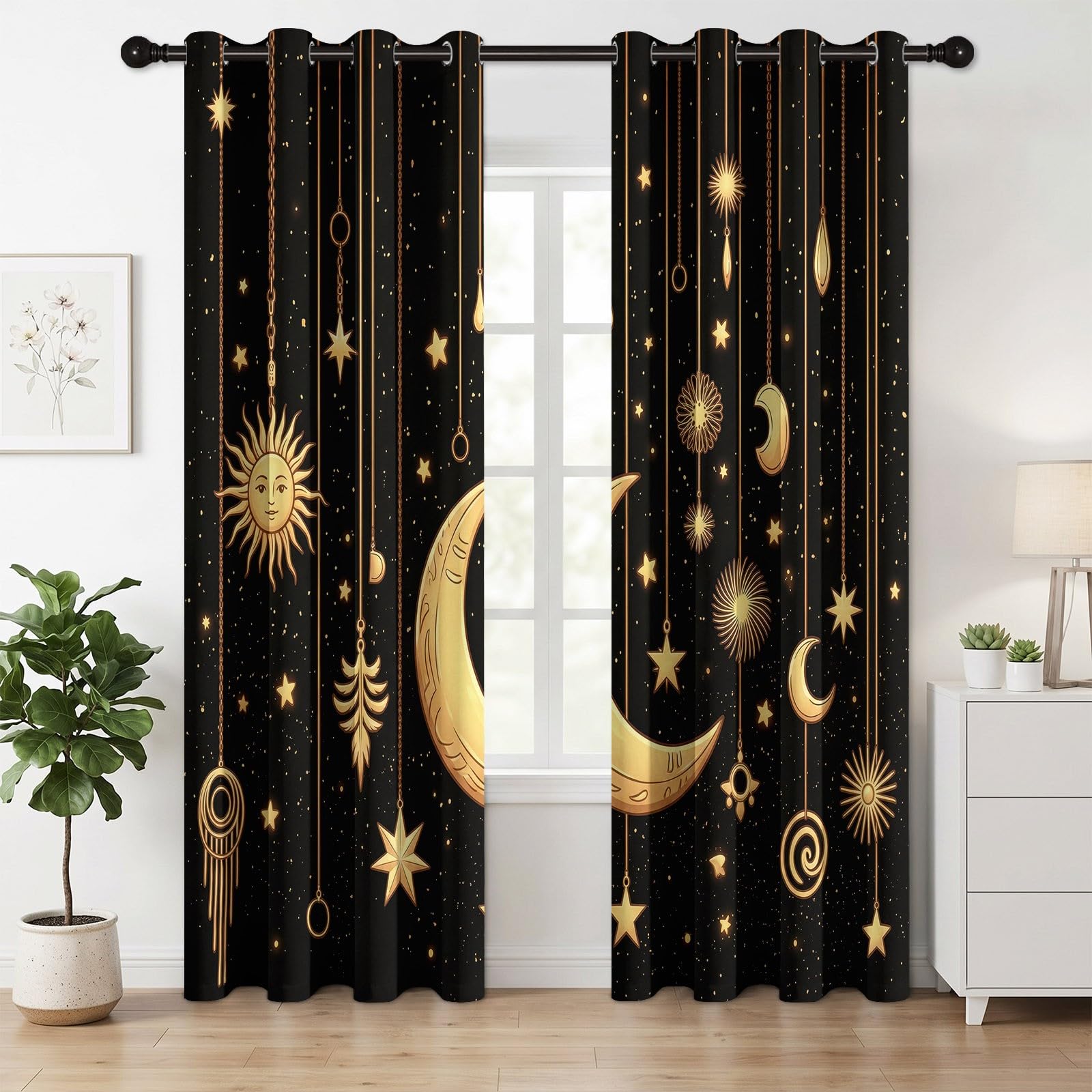 Lot de 2 Rideaux occultants Ciel Étoilé Fantastique décoration d'intérieur, Art Astrologique Univers Poussière D'Étoiles Lune Rideau Thermique avec Œillets pour Fille et garçon - 132L X 240H cm