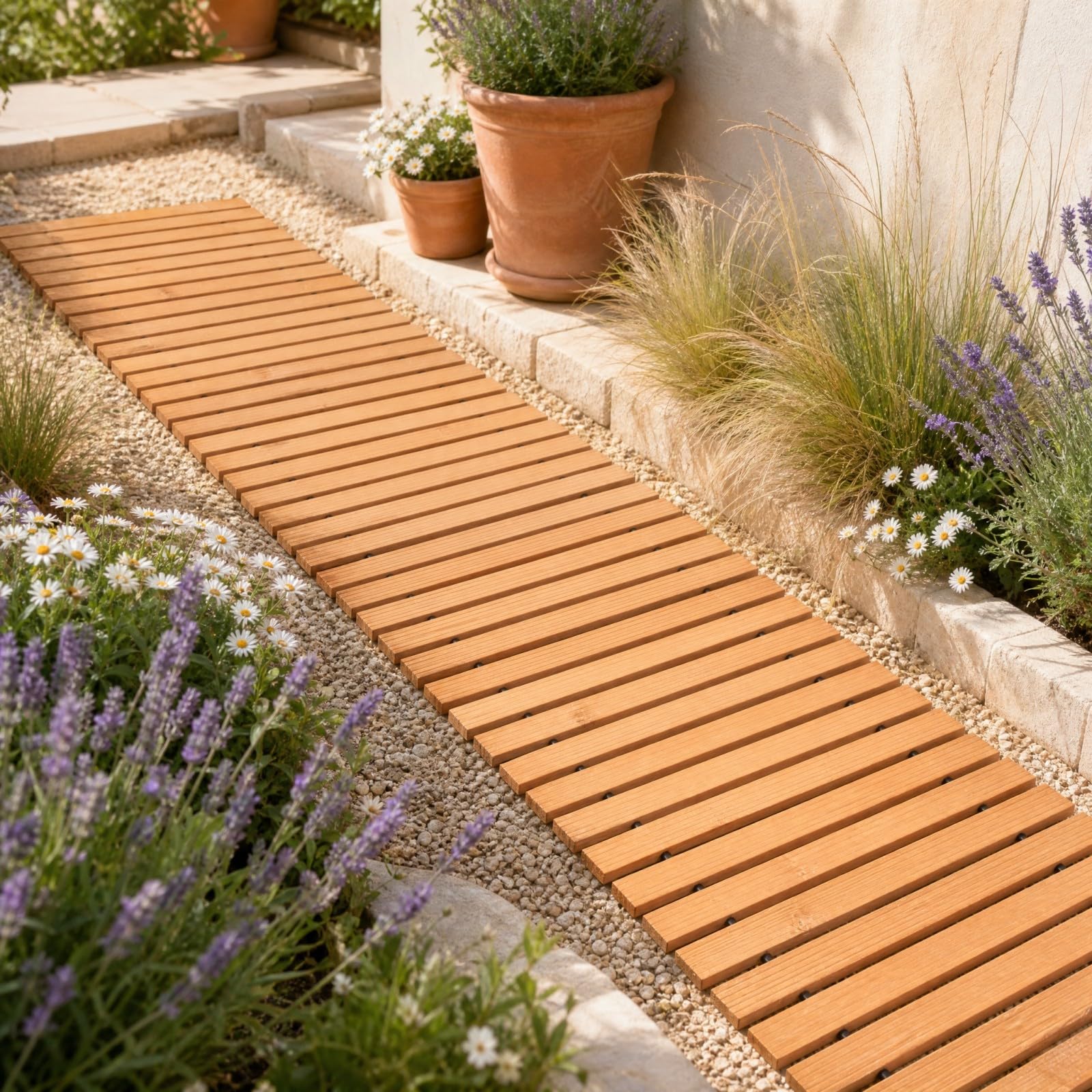 GYMAX Chemin de Jardin en Bois de Sapin Enroulable, 245 x 55 cm | Allée de Jardin avec Surface Antidérapante, Design Portable Compact, Décorative pour Plage Terrasse Pelouse et Cour