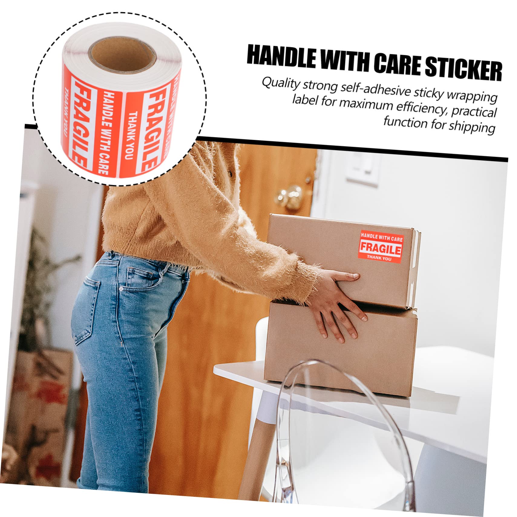 HOODANCOS Self-Adhesive Fragile Handle Care Stickers 1 Roll of 500 Coated Paper Labels for Efficient Packing