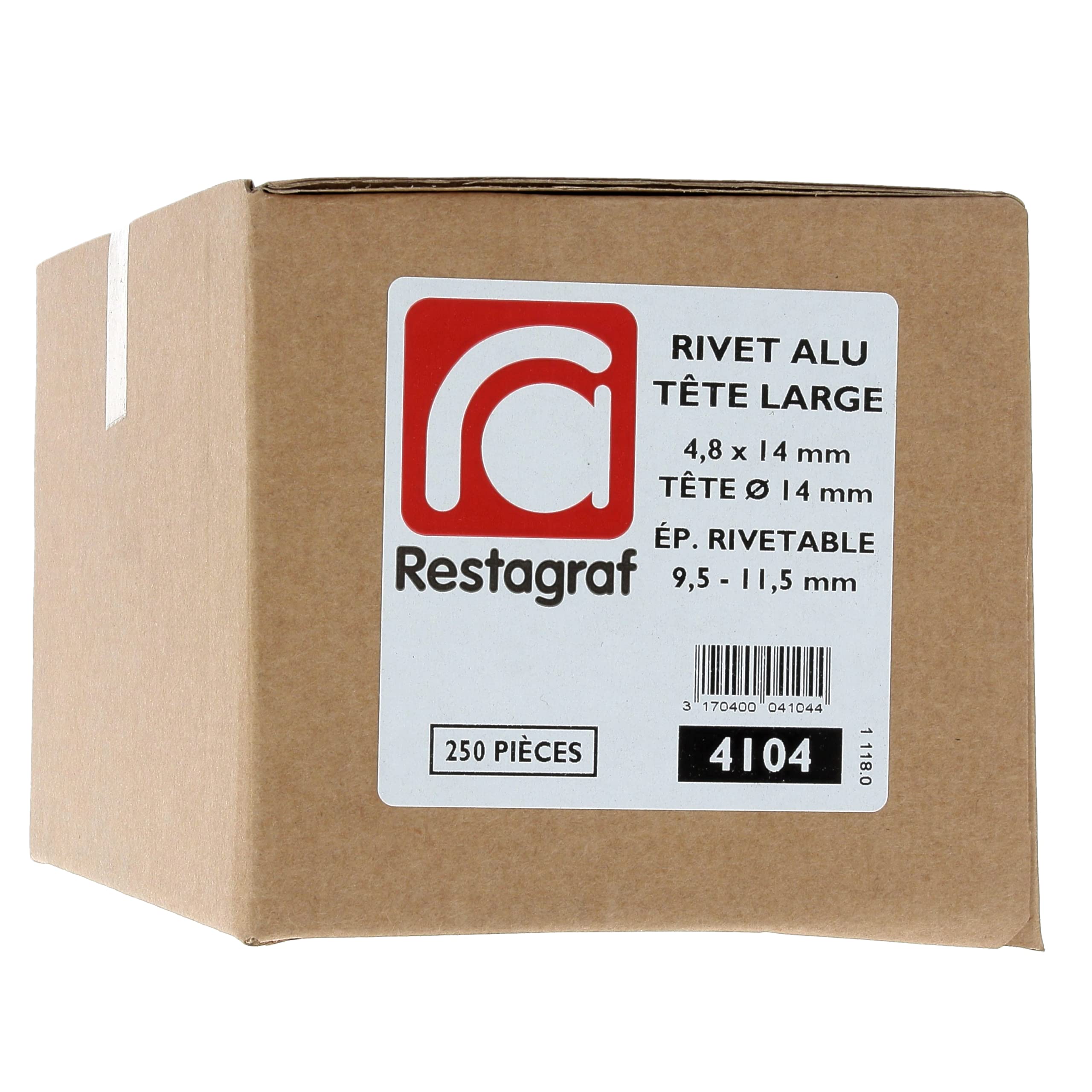 Restagraf - Rivet Tête Large Aluminium & Tige Acier - Compatible avec Fiat 500, Bravo II, Grande Punto/Evo - Diamètre 4,8 mm - Longueur 14 mm - Réf. 4104 - Boîte de 250